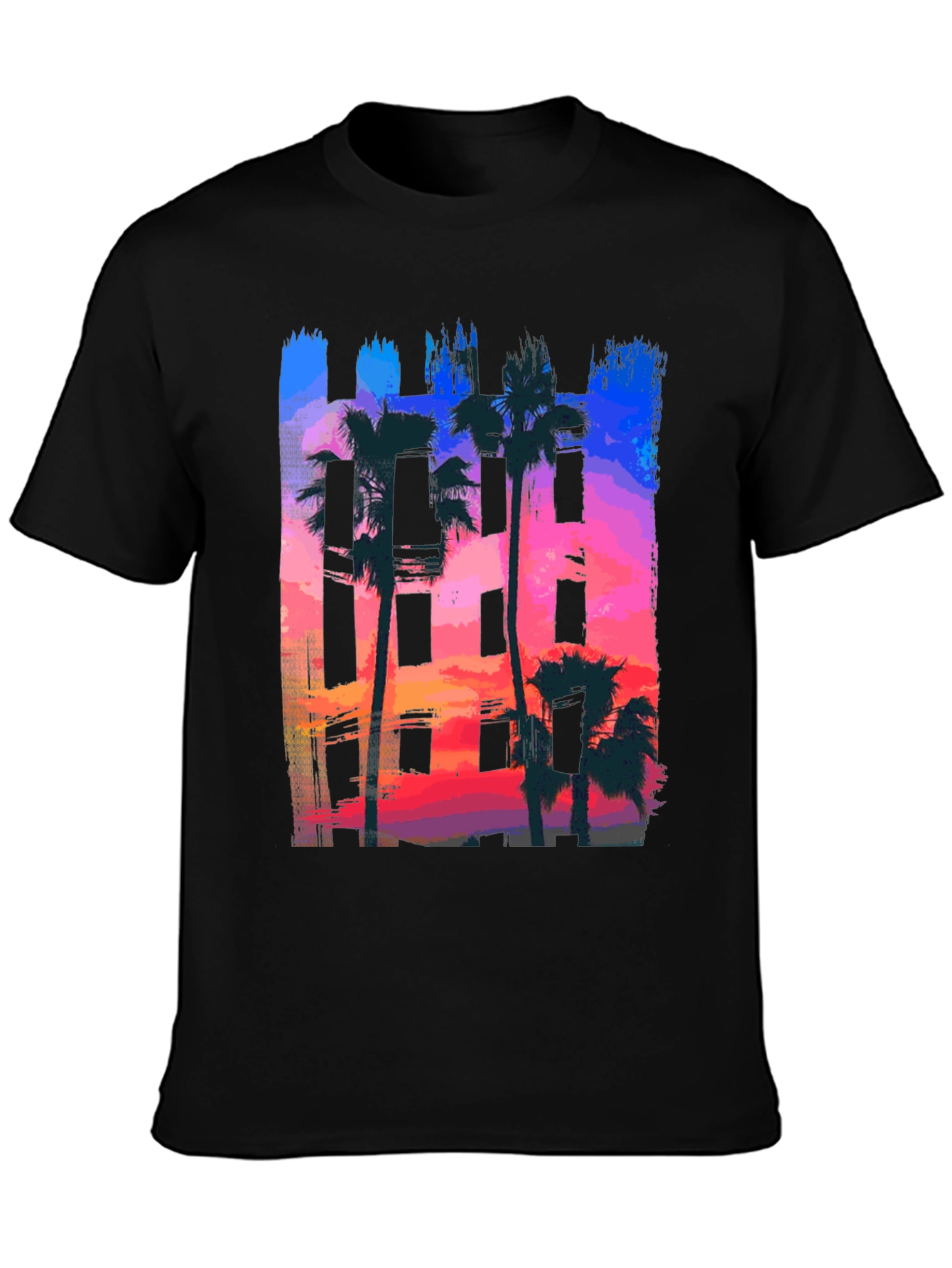 Sunset Palm Tree Graphic Tee - Black Cotton T-Shirt