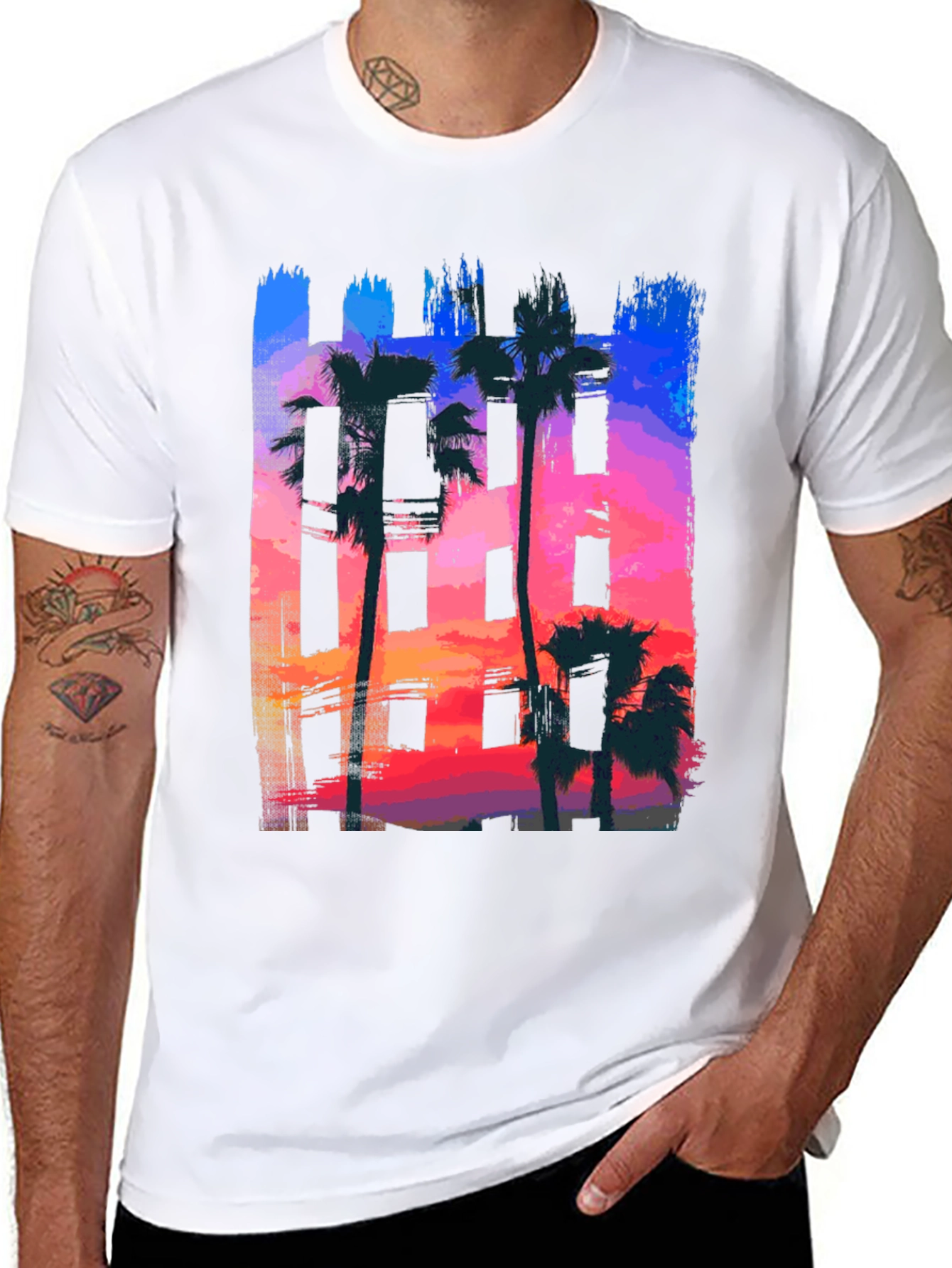 Sunset Palm Tree Graphic Tee - Black Cotton T-Shirt