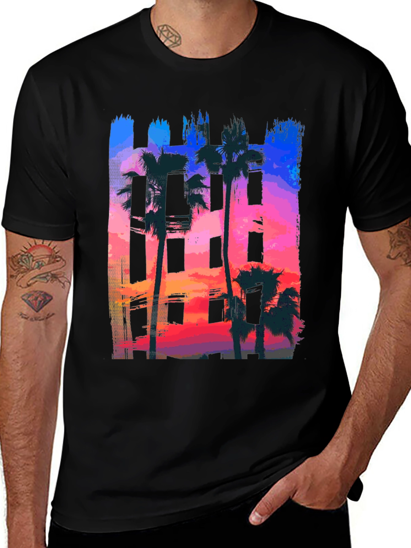 Sunset Palm Tree Graphic Tee - Black Cotton T-Shirt