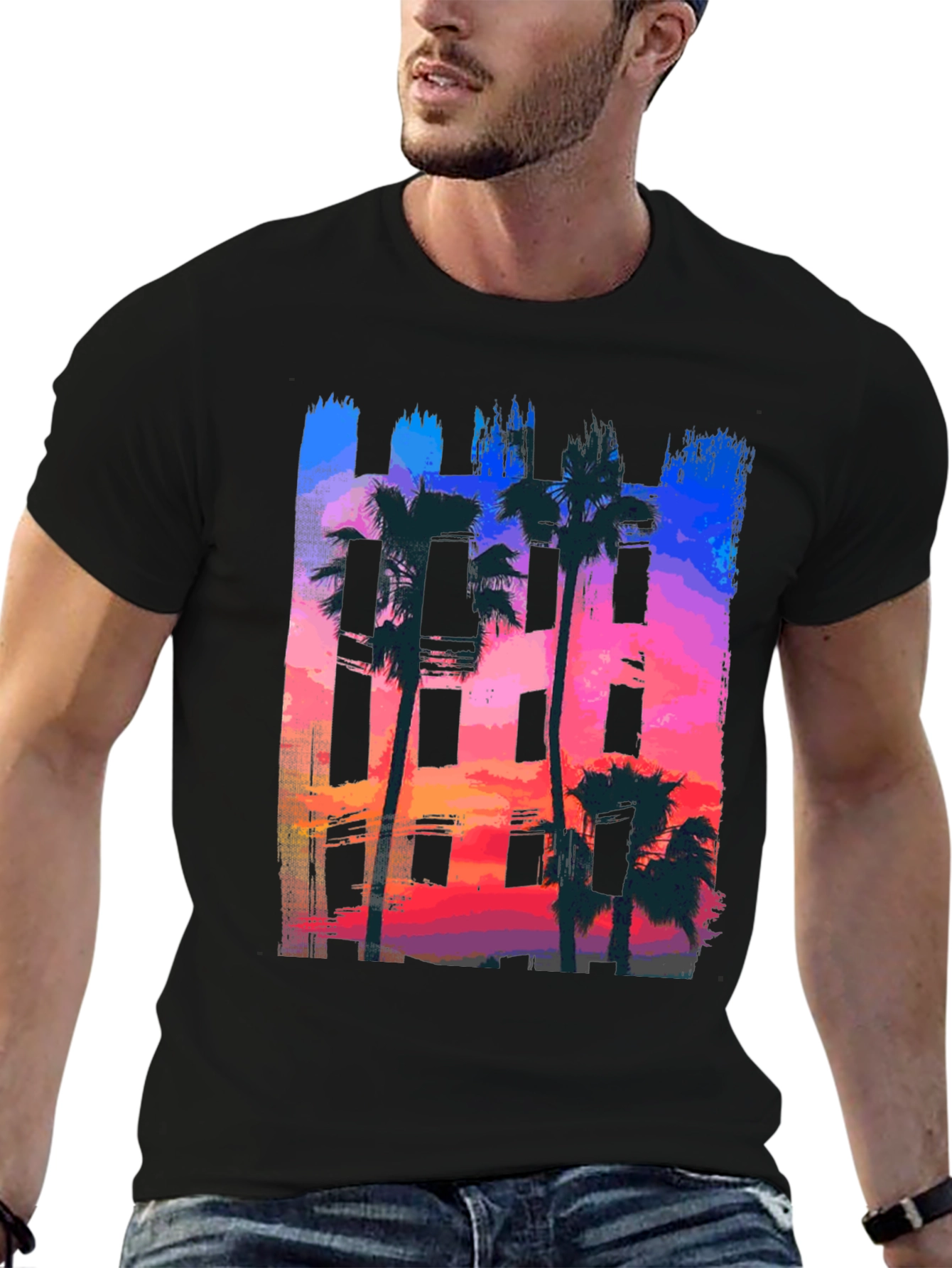 Sunset Palm Tree Graphic Tee - Black Cotton T-Shirt