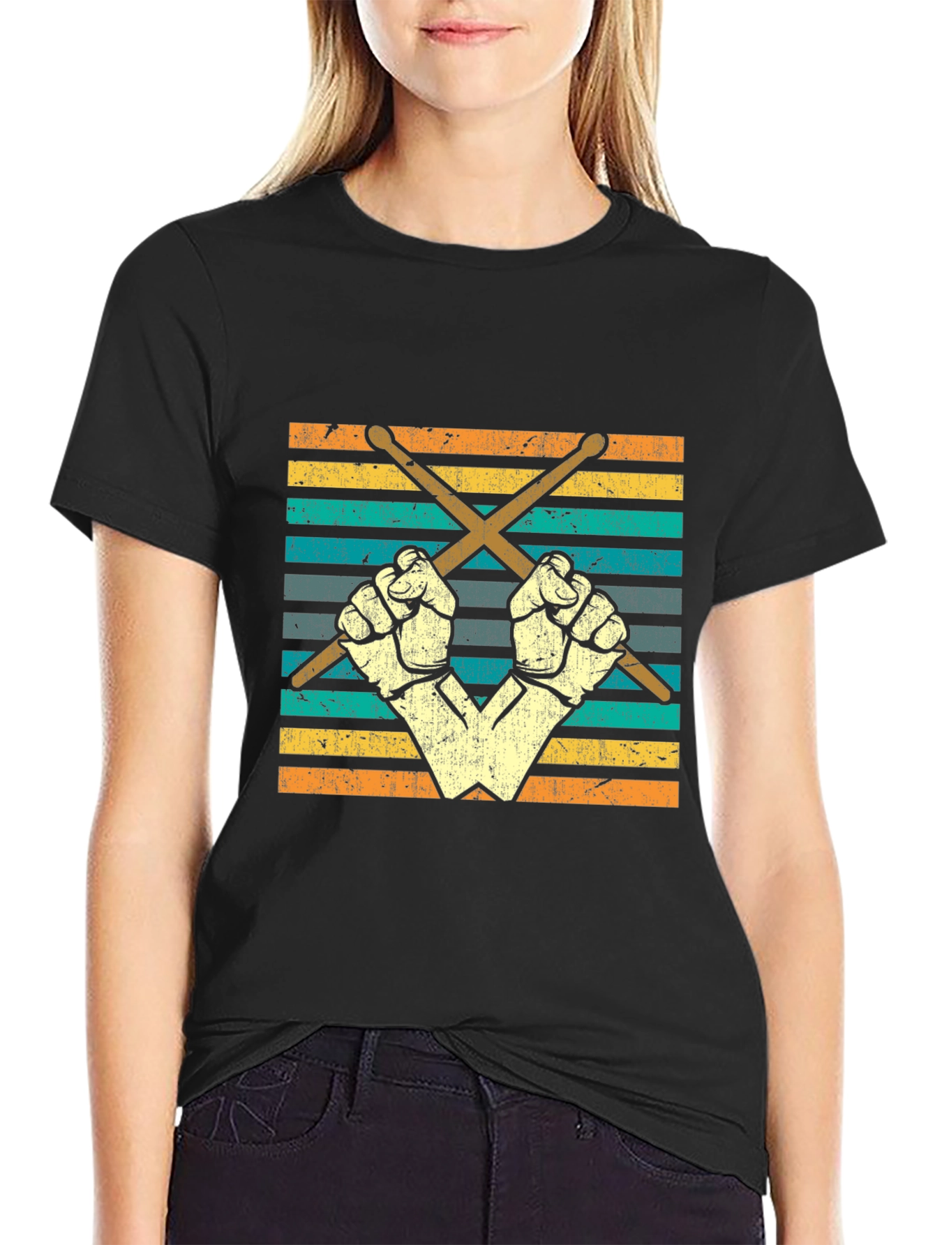 Retro Drummer T-Shirt - Crossed Drumsticks and Fists