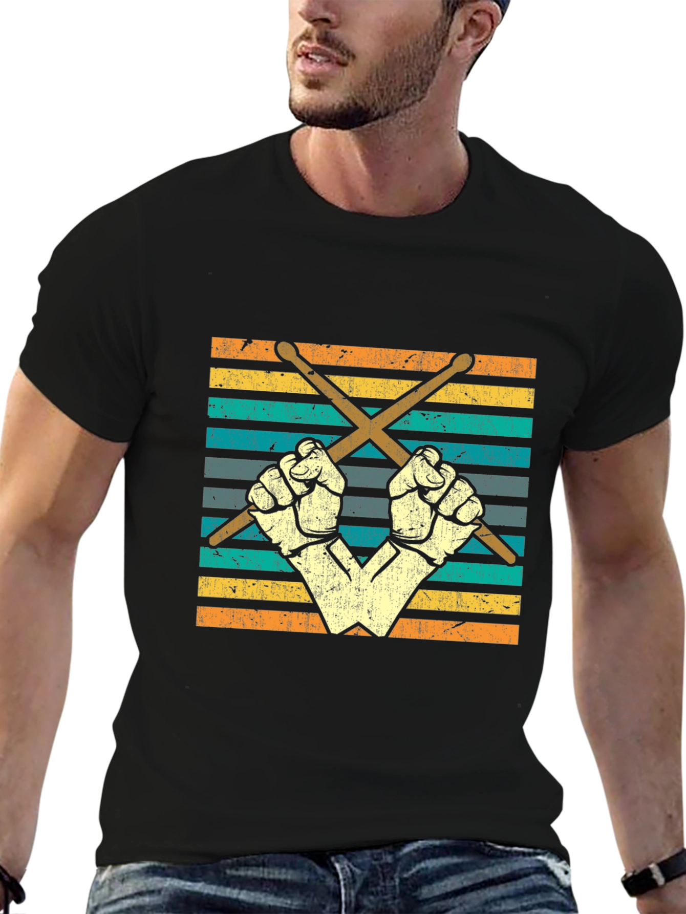 Retro Drummer T-Shirt - Crossed Drumsticks and Fists