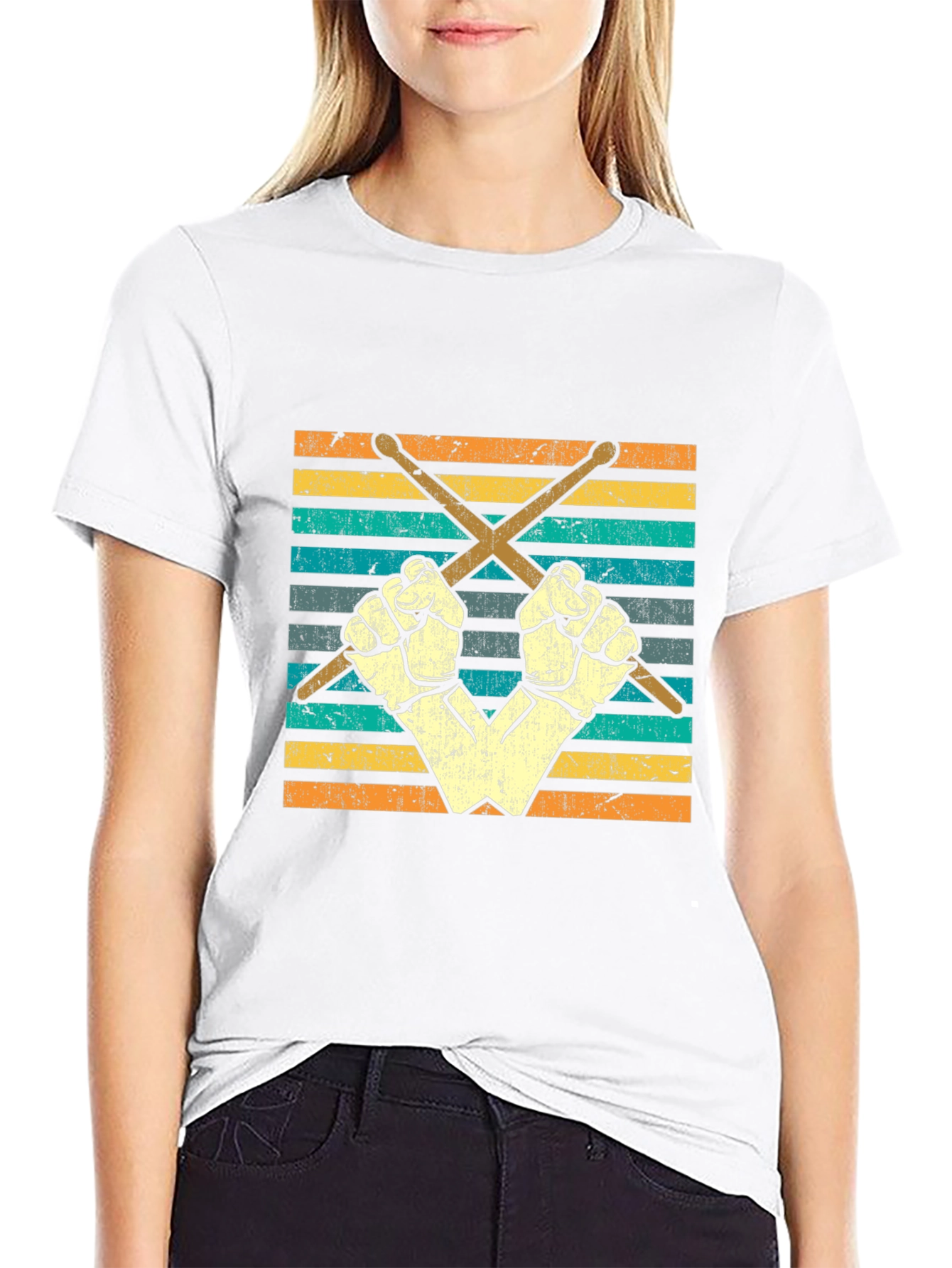 Retro Drummer T-Shirt - Crossed Drumsticks and Fists