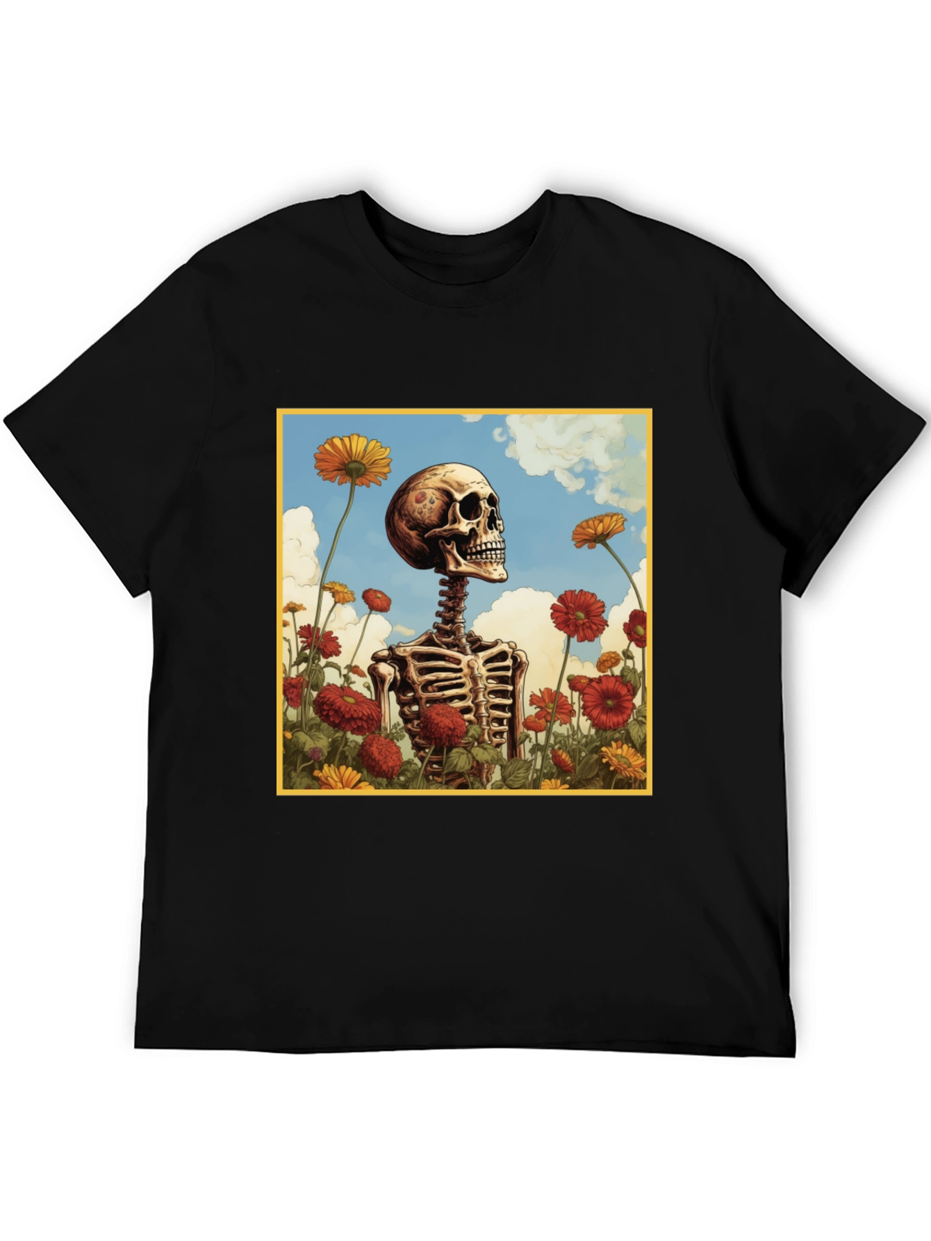 Skeleton in Flower Field Graphic Tee - Black