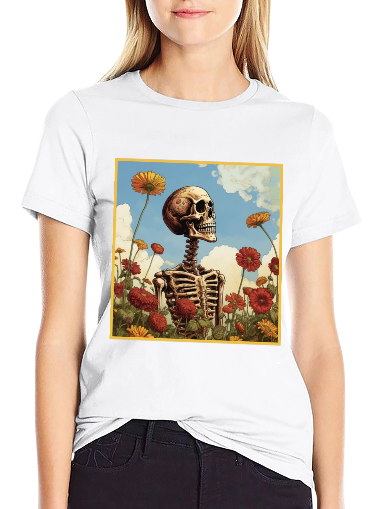Skeleton in Flower Field Graphic Tee - Black