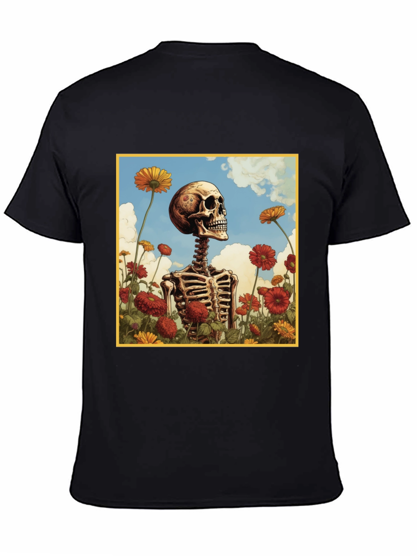 Skeleton in Flower Field Graphic Tee - Black
