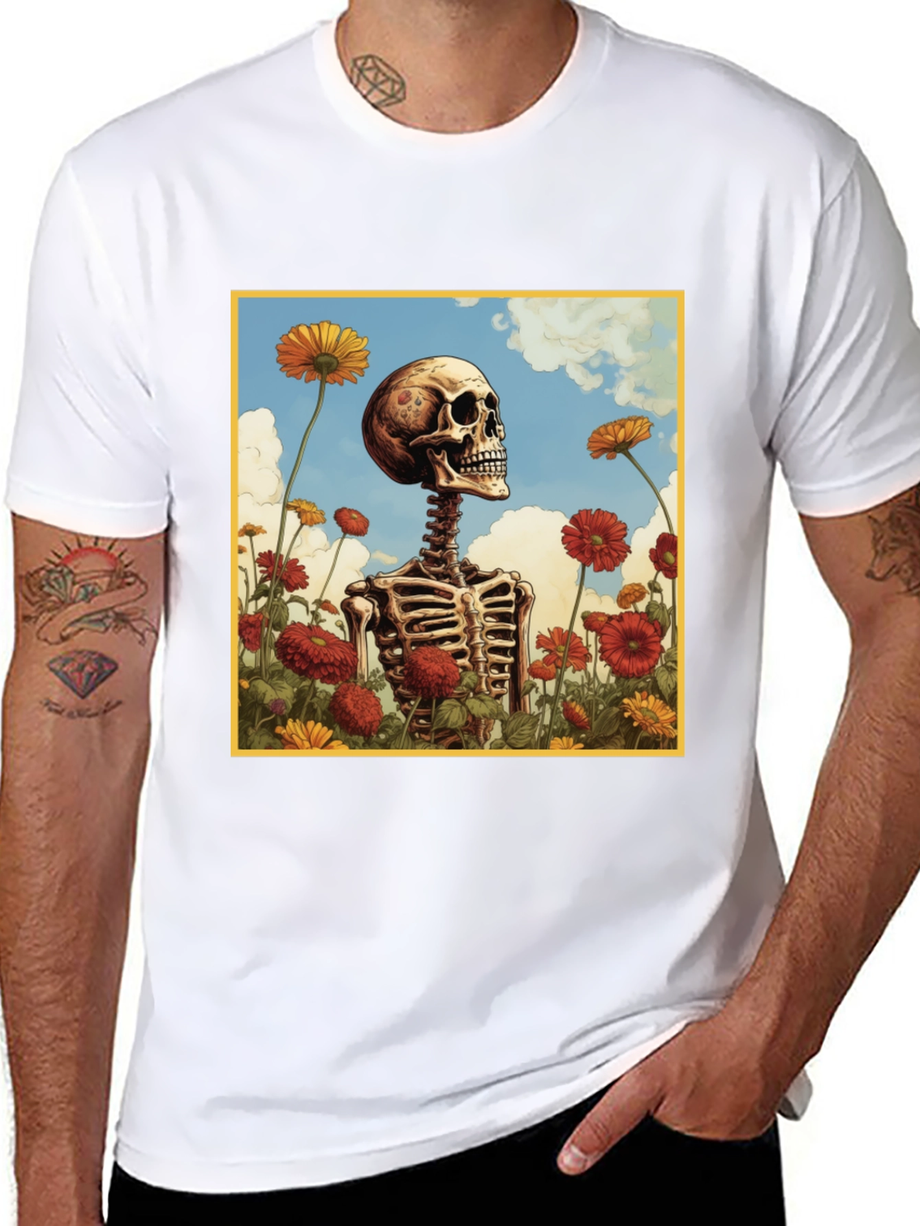 Skeleton in Flower Field Graphic Tee - Black