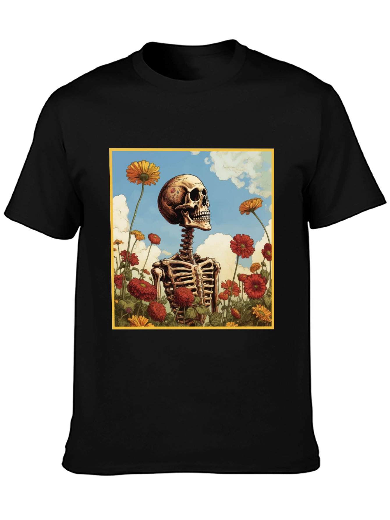 Skeleton in Flower Field Graphic Tee - Black