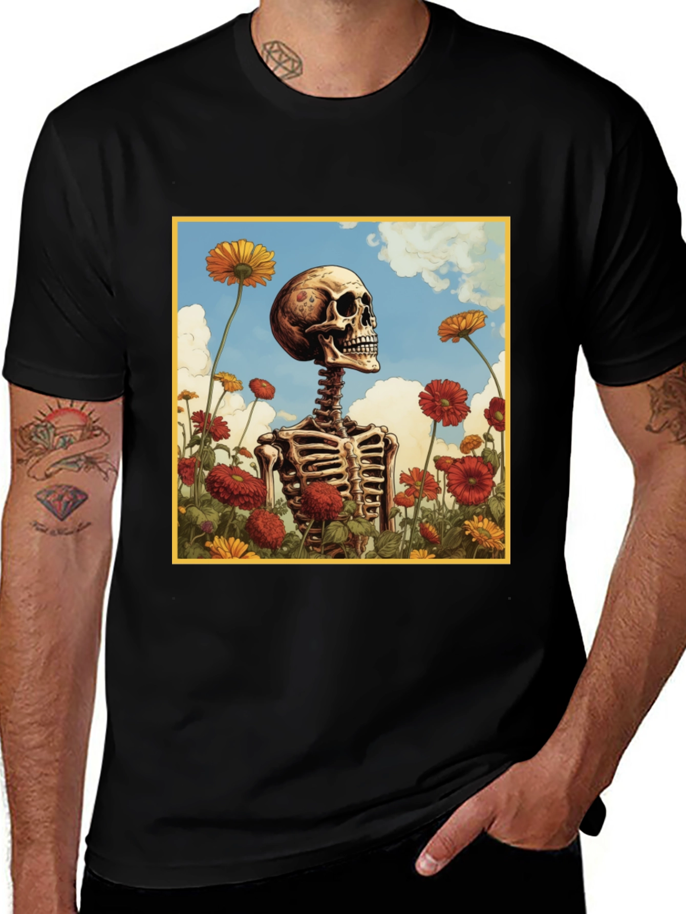 Skeleton in Flower Field Graphic Tee - Black