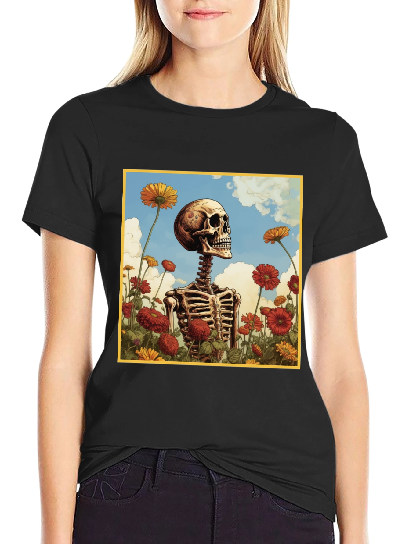 Skeleton in Flower Field Graphic Tee - Black