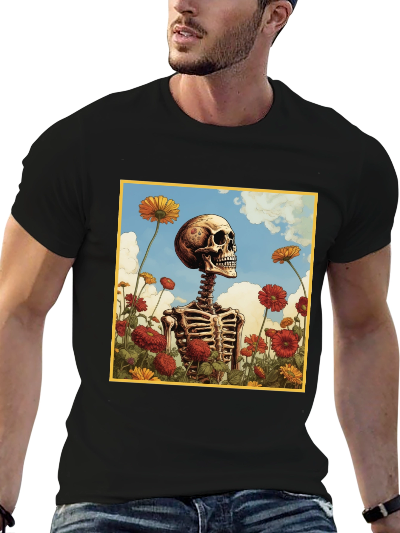 Skeleton in Flower Field Graphic Tee - Black