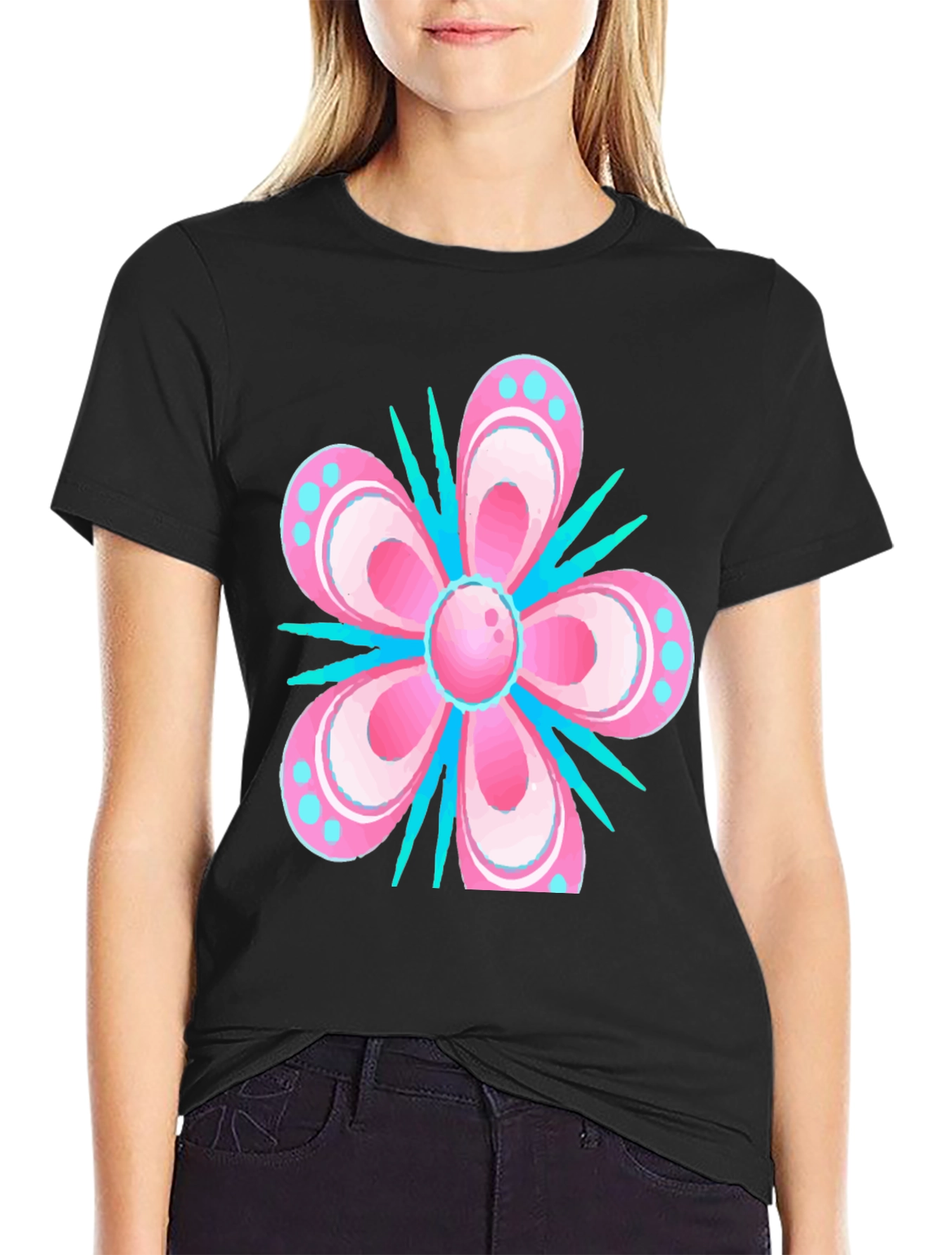Floral T-Shirt - Pink & Blue Graphic Print