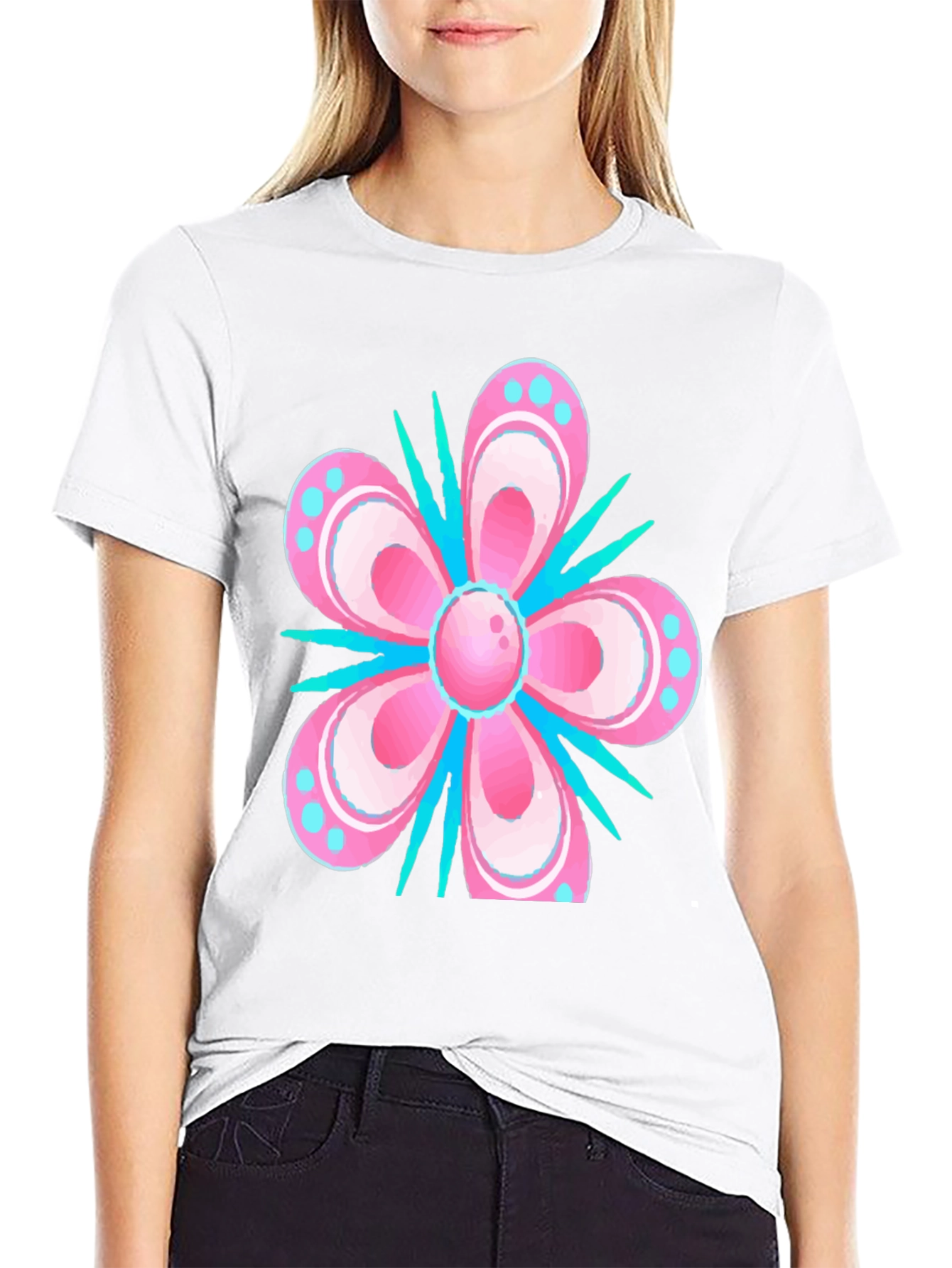 Floral T-Shirt - Pink & Blue Graphic Print