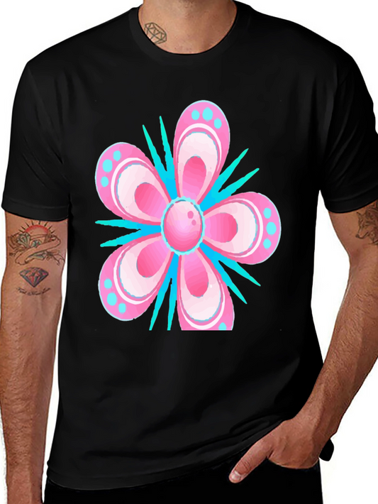 Floral T-Shirt - Pink & Blue Graphic Print