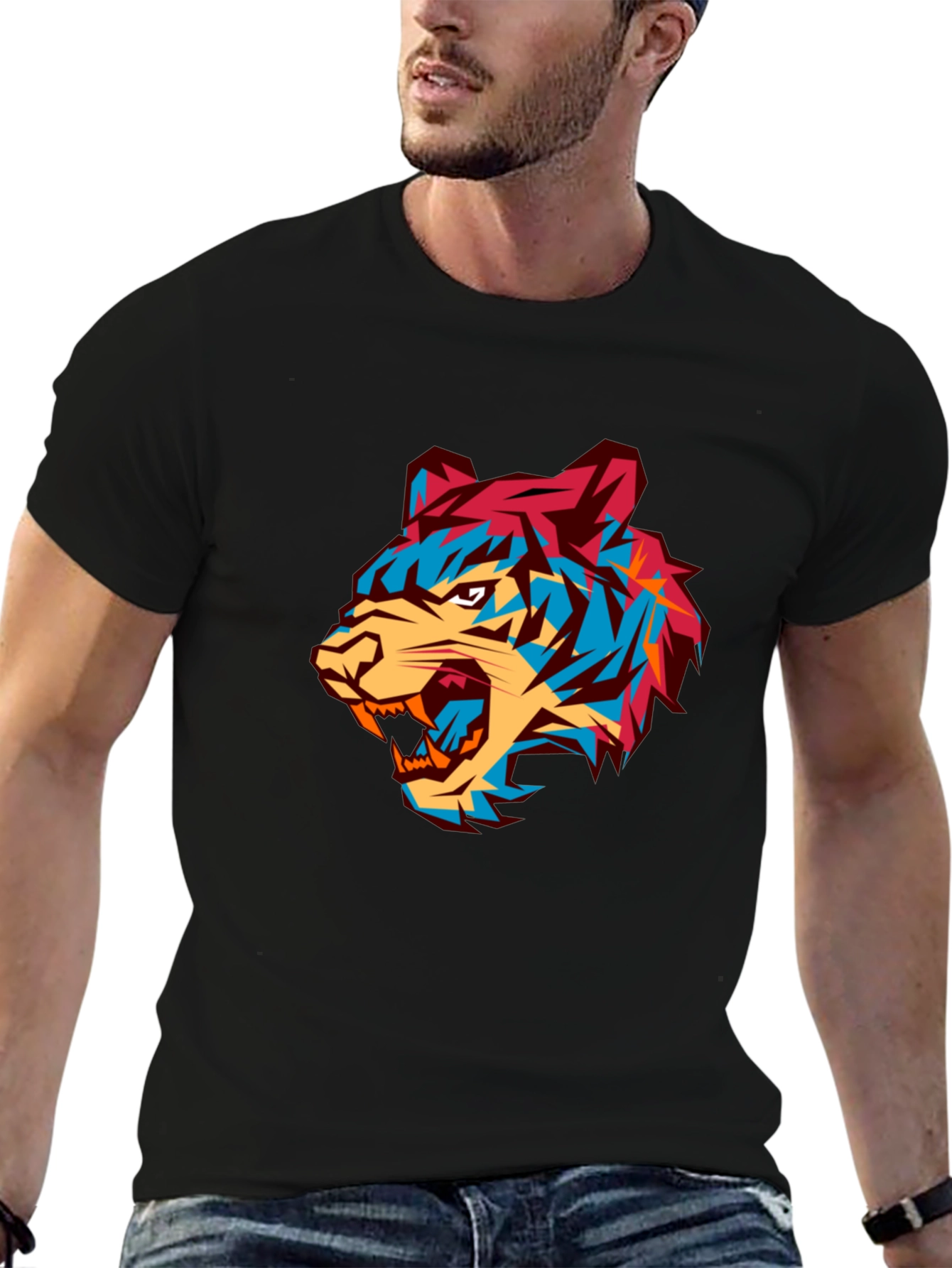 Bold Graphic Tiger Tee - Modern Mens Black T-Shirt