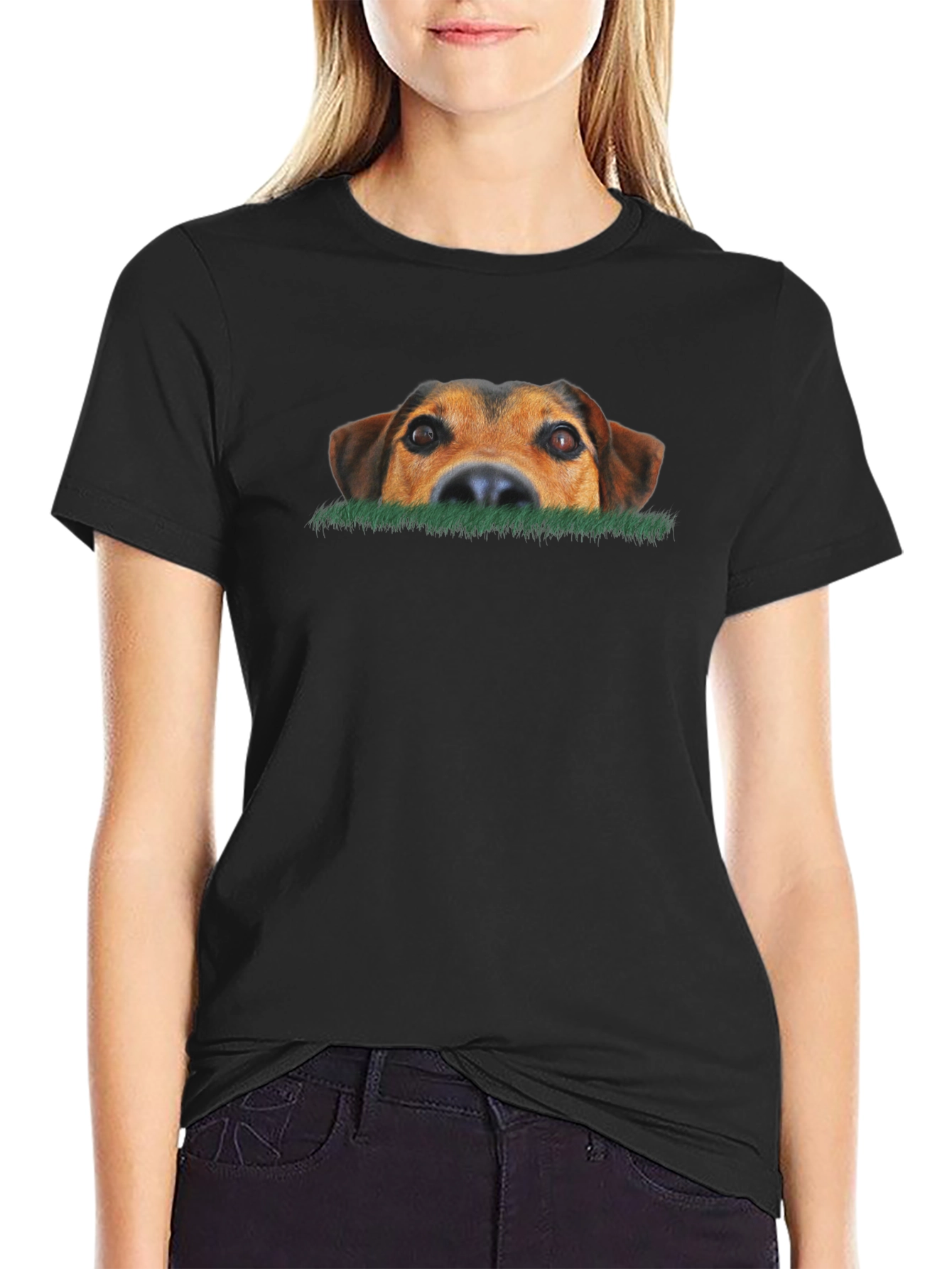 Dog Peeking Over Grass Graphic T-Shirt