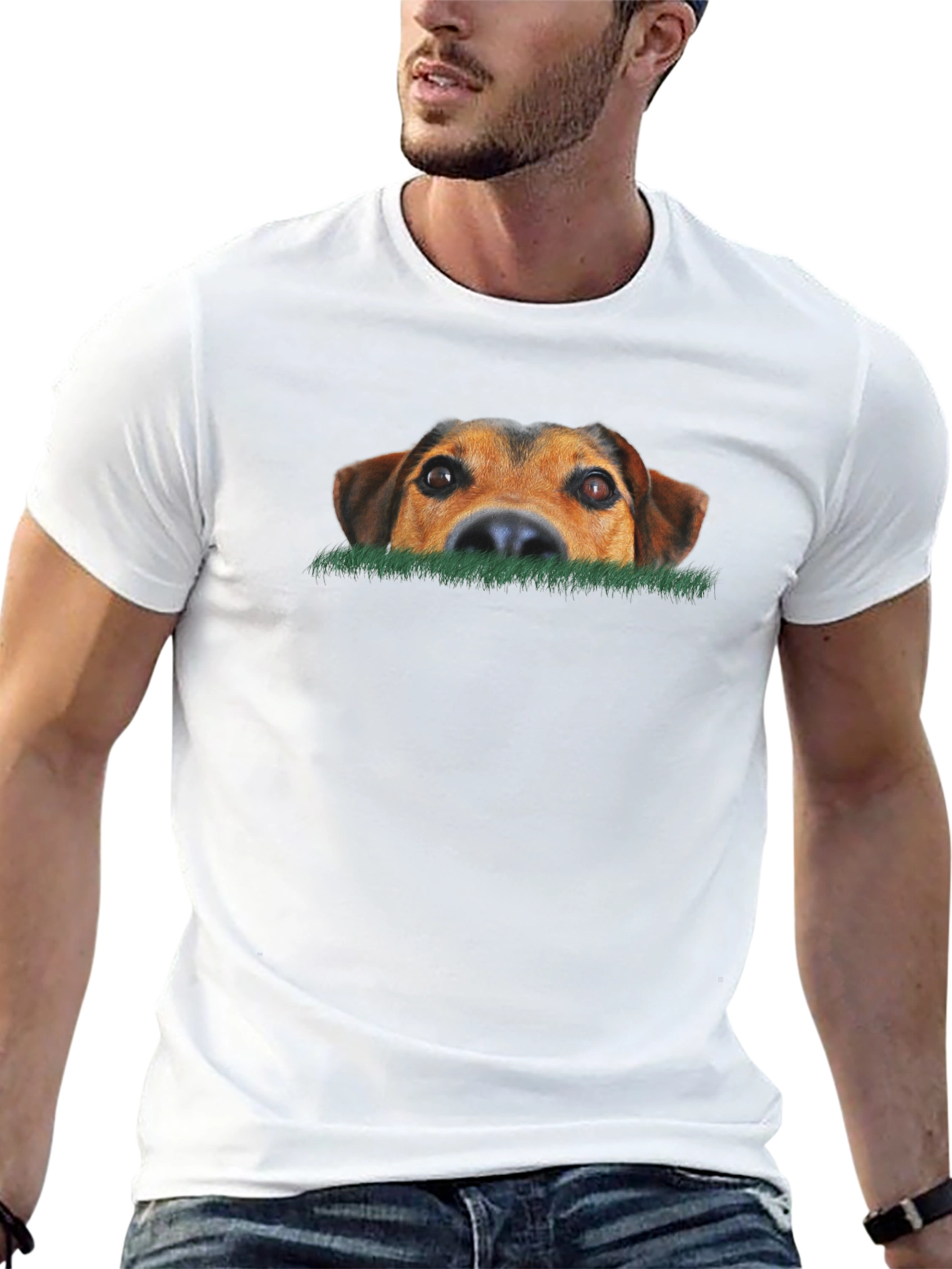 Dog Peeking Over Grass Graphic T-Shirt