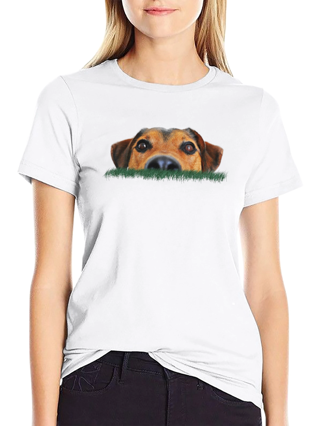 Dog Peeking Over Grass Graphic T-Shirt