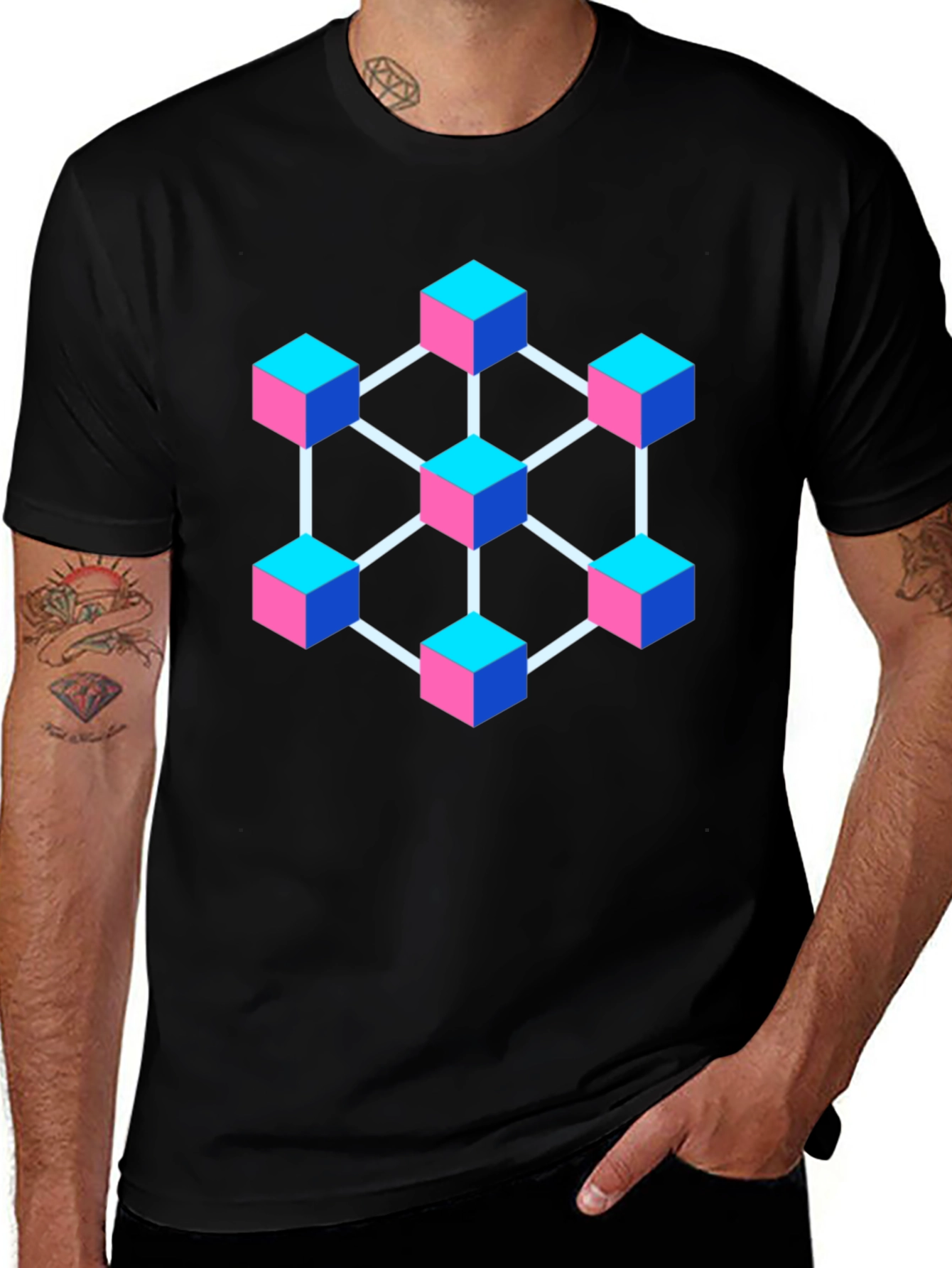 Abstract Cube Network Graphic T-Shirt - Black