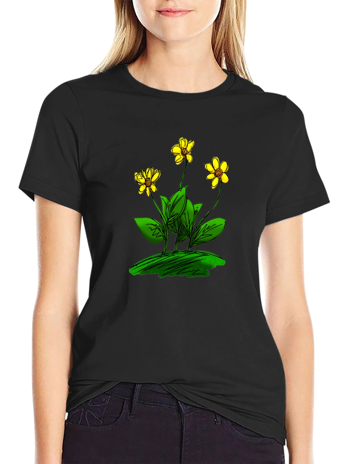 Black T-Shirt with Floral Design