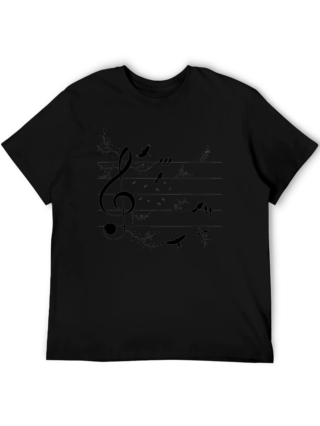 Musical Bird Tree Graphic Black T-Shirt