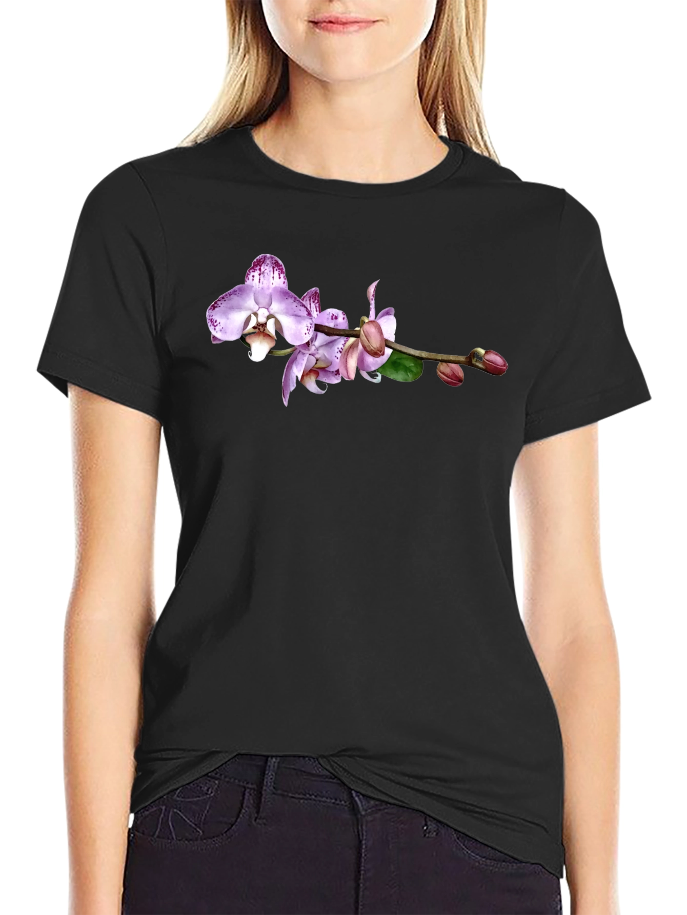 Orchid Floral Graphic Print Black T-Shirt