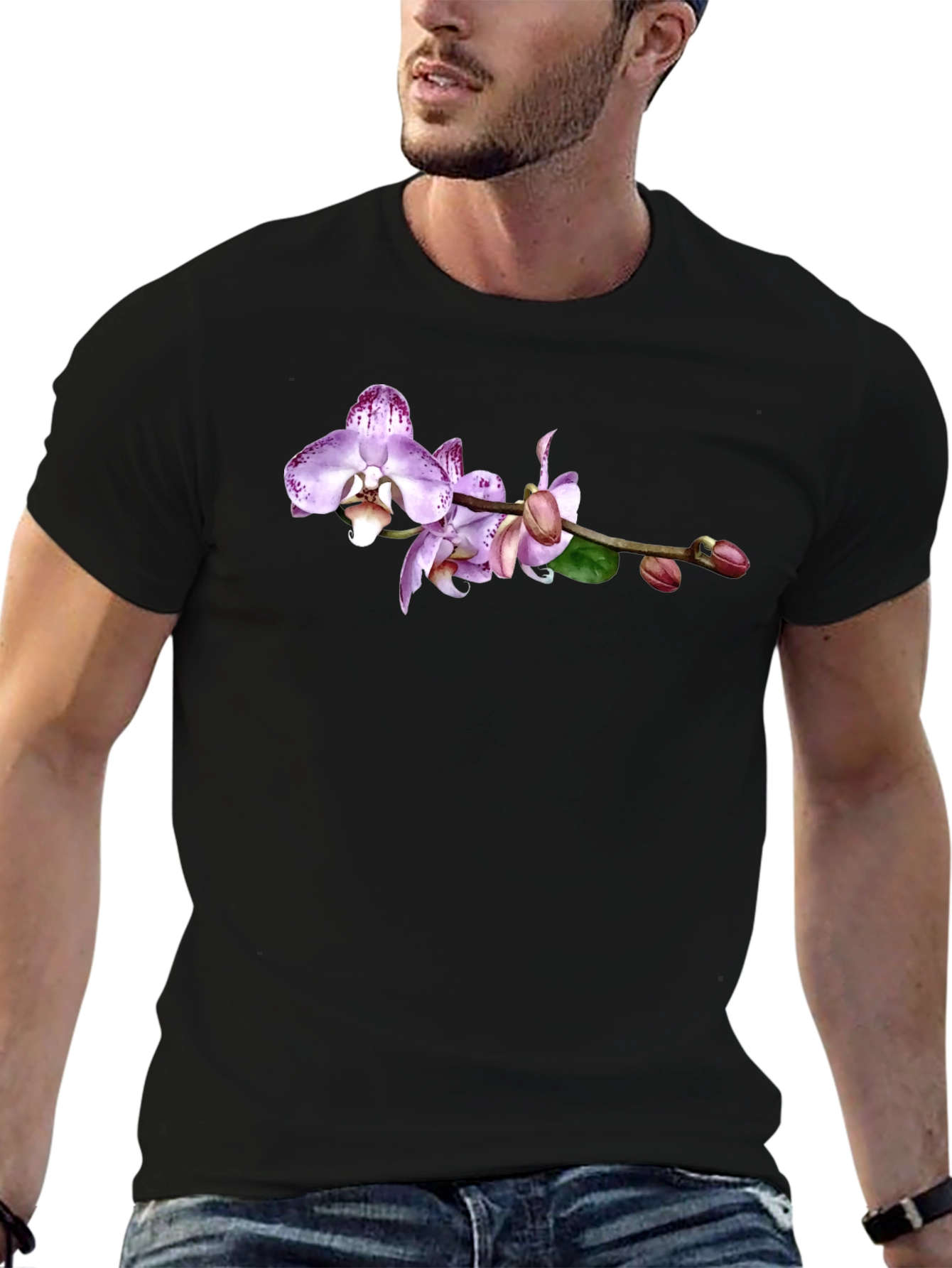 Orchid Floral Graphic Print Black T-Shirt