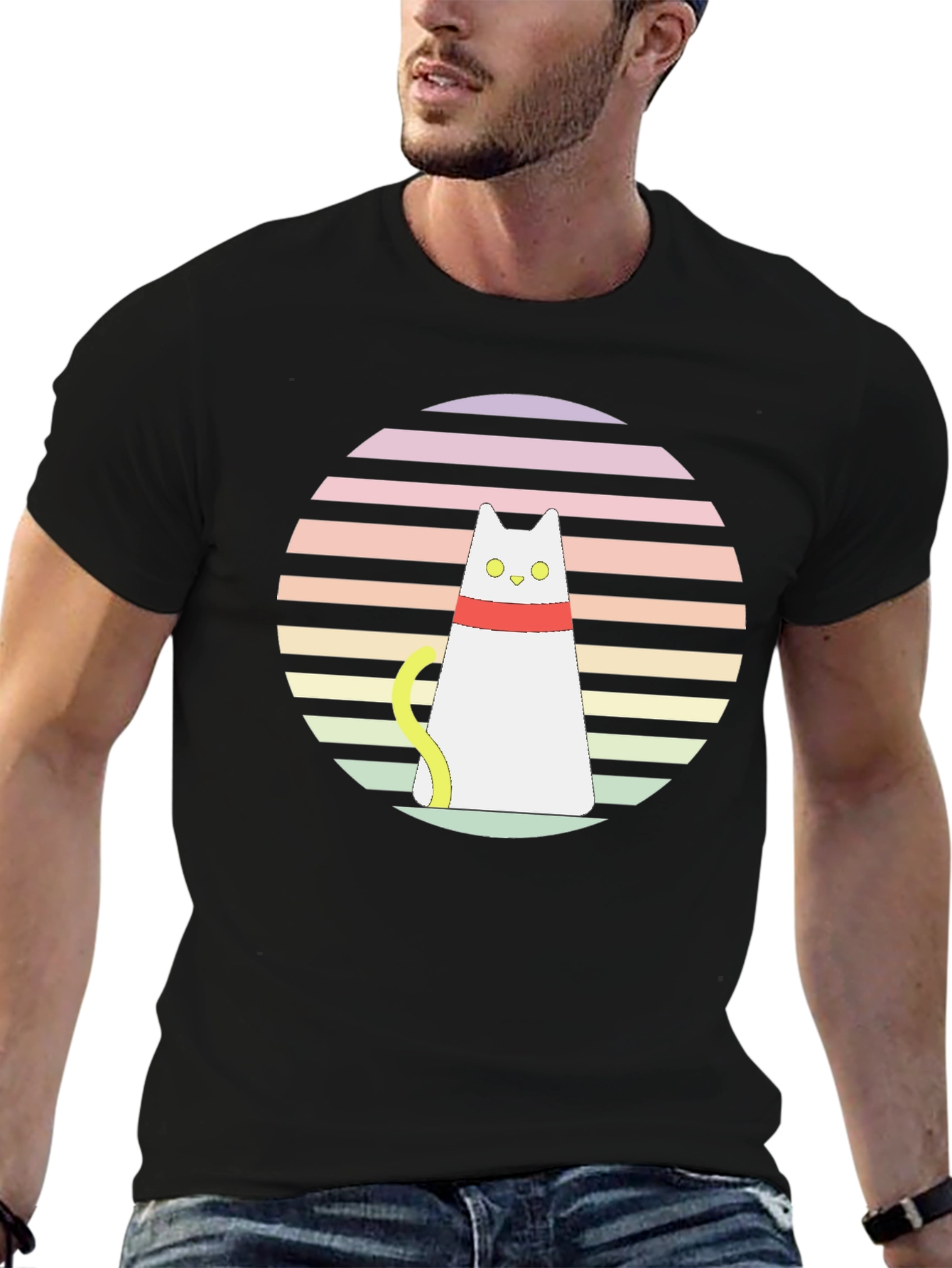 Retro Cat Graphic T-Shirt - Black Cotton Blend
