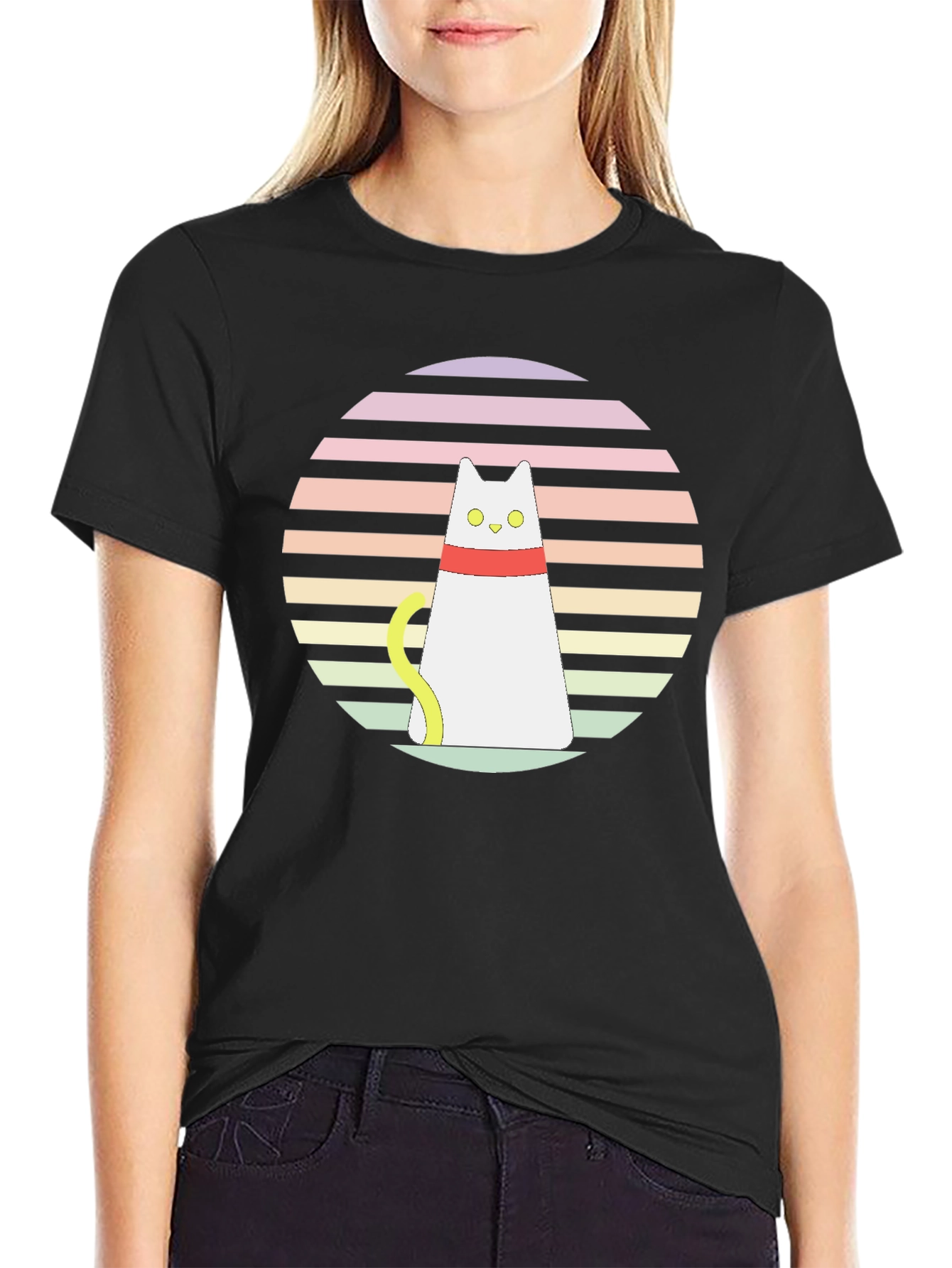 Retro Cat Graphic T-Shirt - Black Cotton Blend