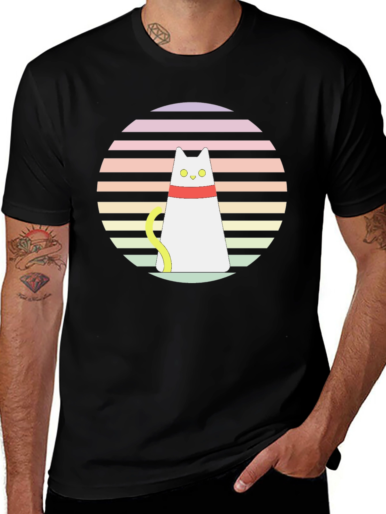 Retro Cat Graphic T-Shirt - Black Cotton Blend