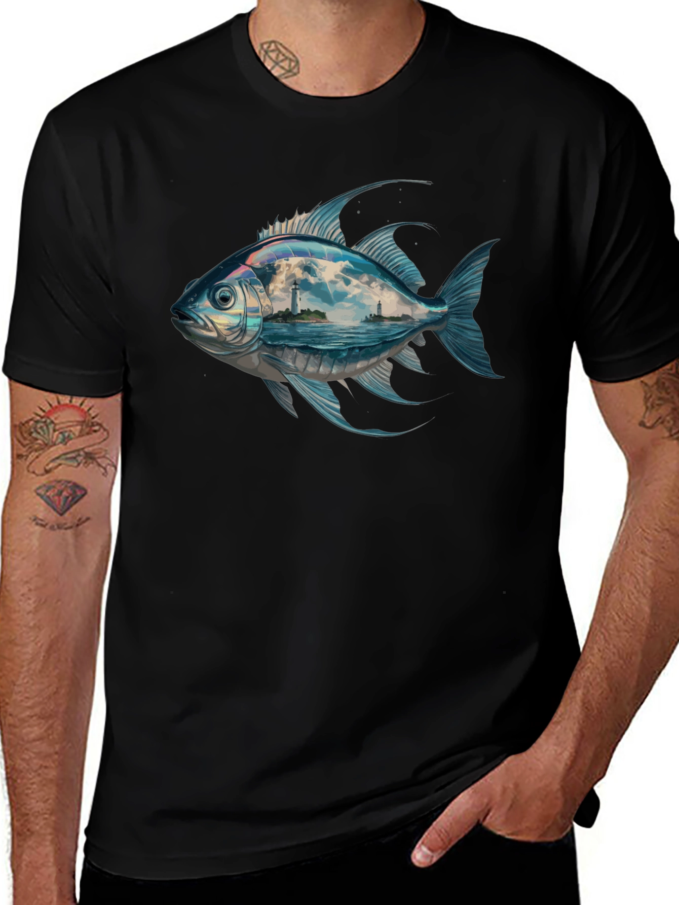 Ocean View Fish Graphic Tee - Black