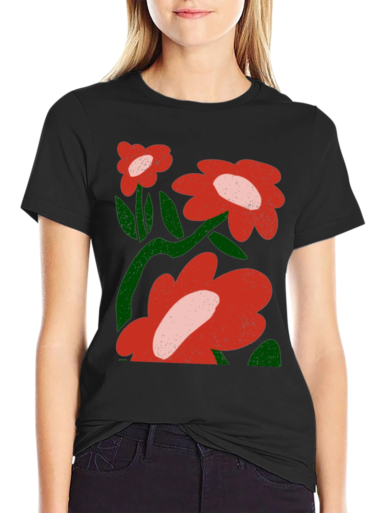 Floral Graphic T-Shirt - Bold Red Flowers
