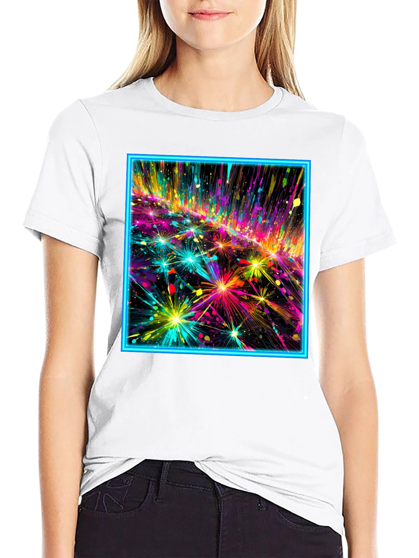 Abstract Neon Fireworks Graphic Black T-Shirt