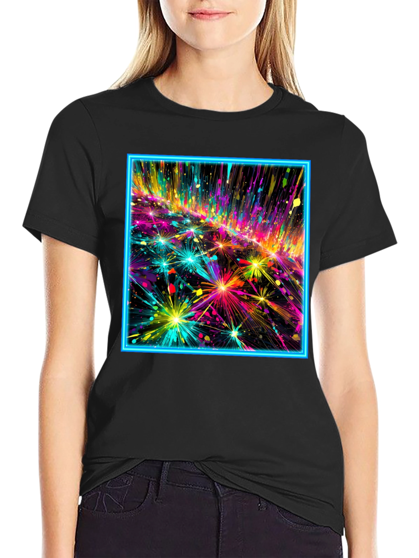 Abstract Neon Fireworks Graphic Black T-Shirt