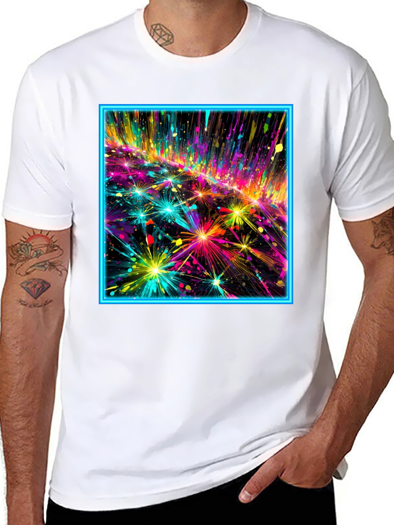 Abstract Neon Fireworks Graphic Black T-Shirt
