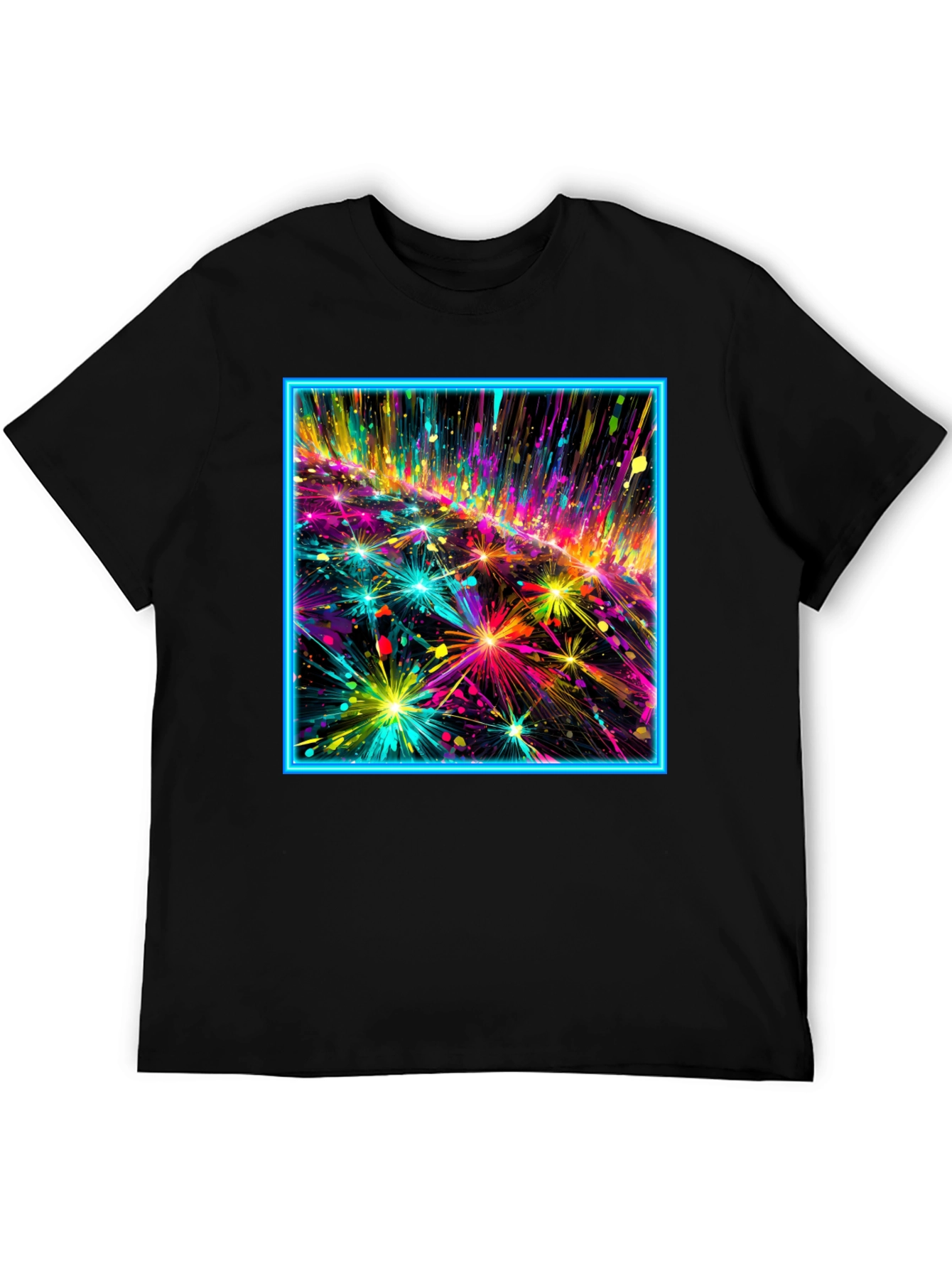 Abstract Neon Fireworks Graphic Black T-Shirt