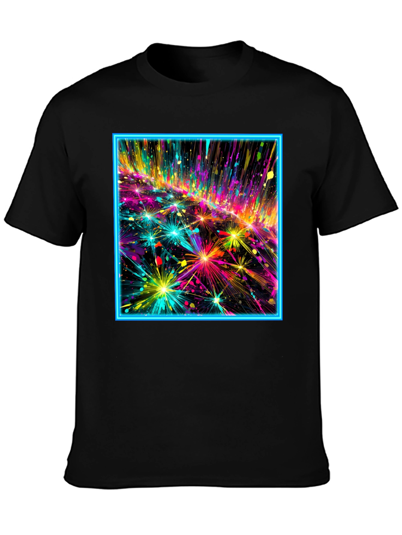 Abstract Neon Fireworks Graphic Black T-Shirt