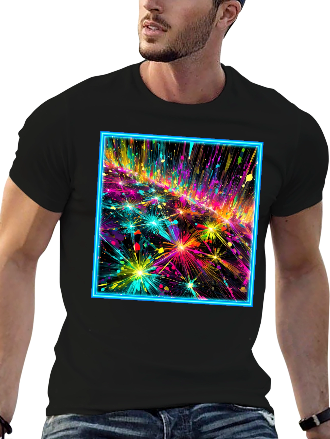 Abstract Neon Fireworks Graphic Black T-Shirt