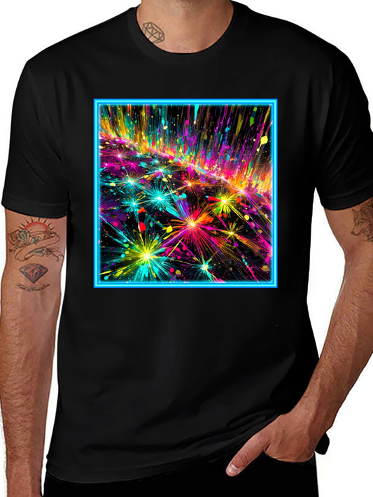 Abstract Neon Fireworks Graphic Black T-Shirt
