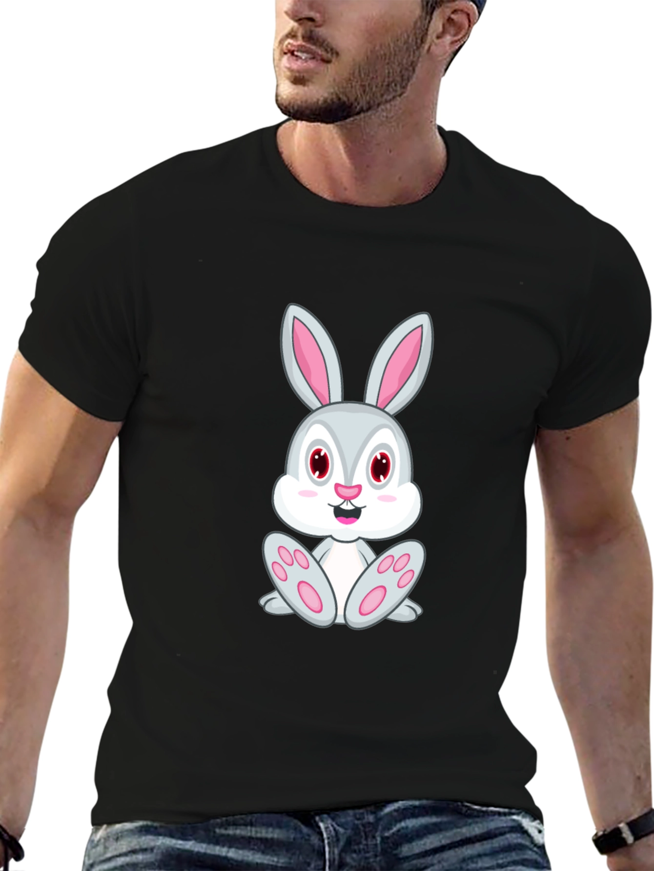 Cute Bunny Graphic Tee - Black Cotton T-Shirt