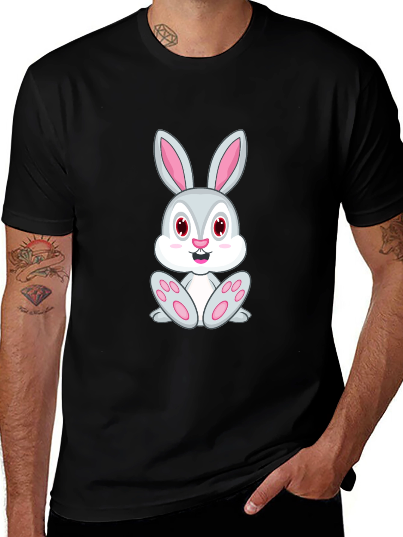 Cute Bunny Graphic Tee - Black Cotton T-Shirt
