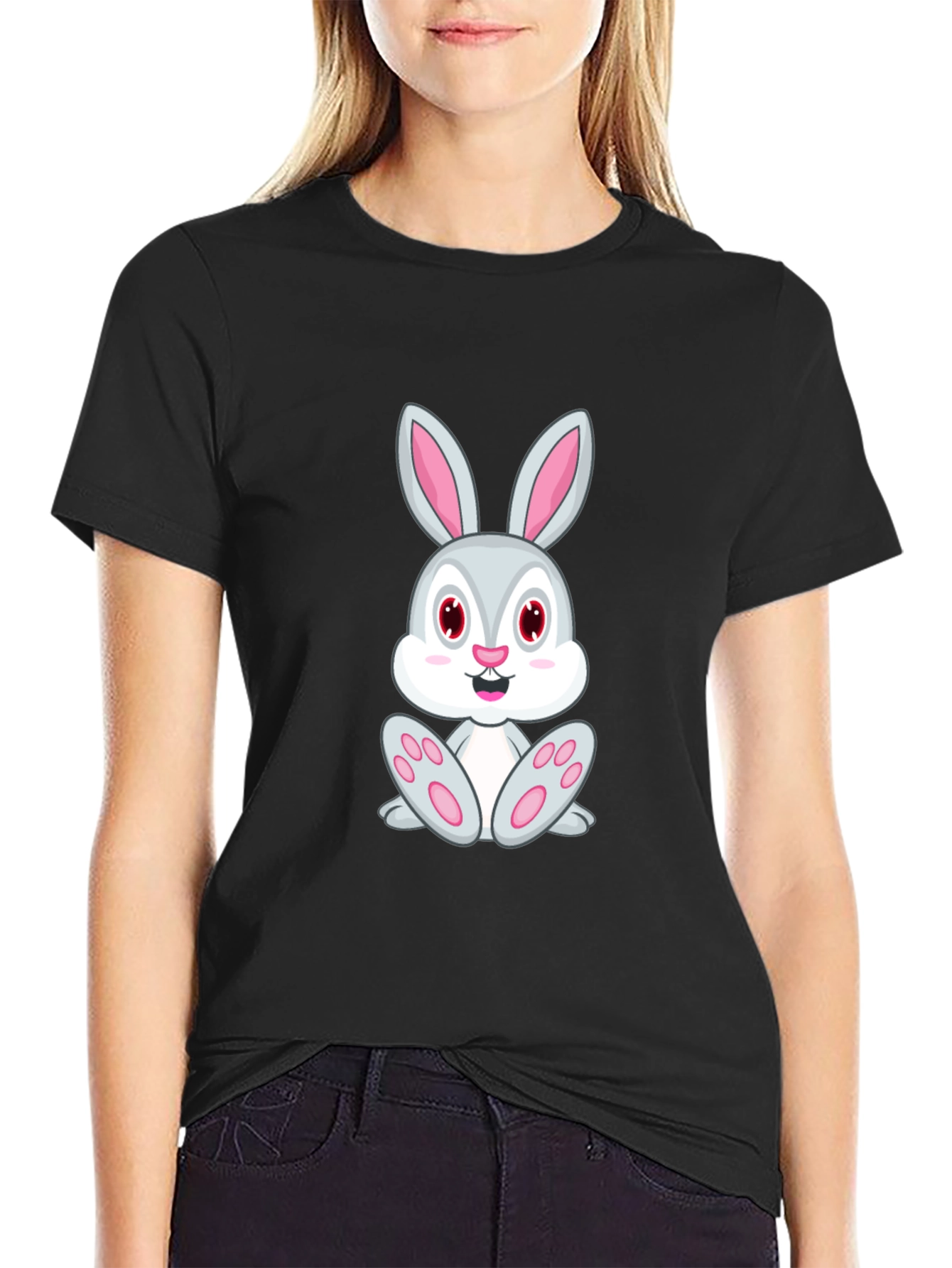 Cute Bunny Graphic Tee - Black Cotton T-Shirt