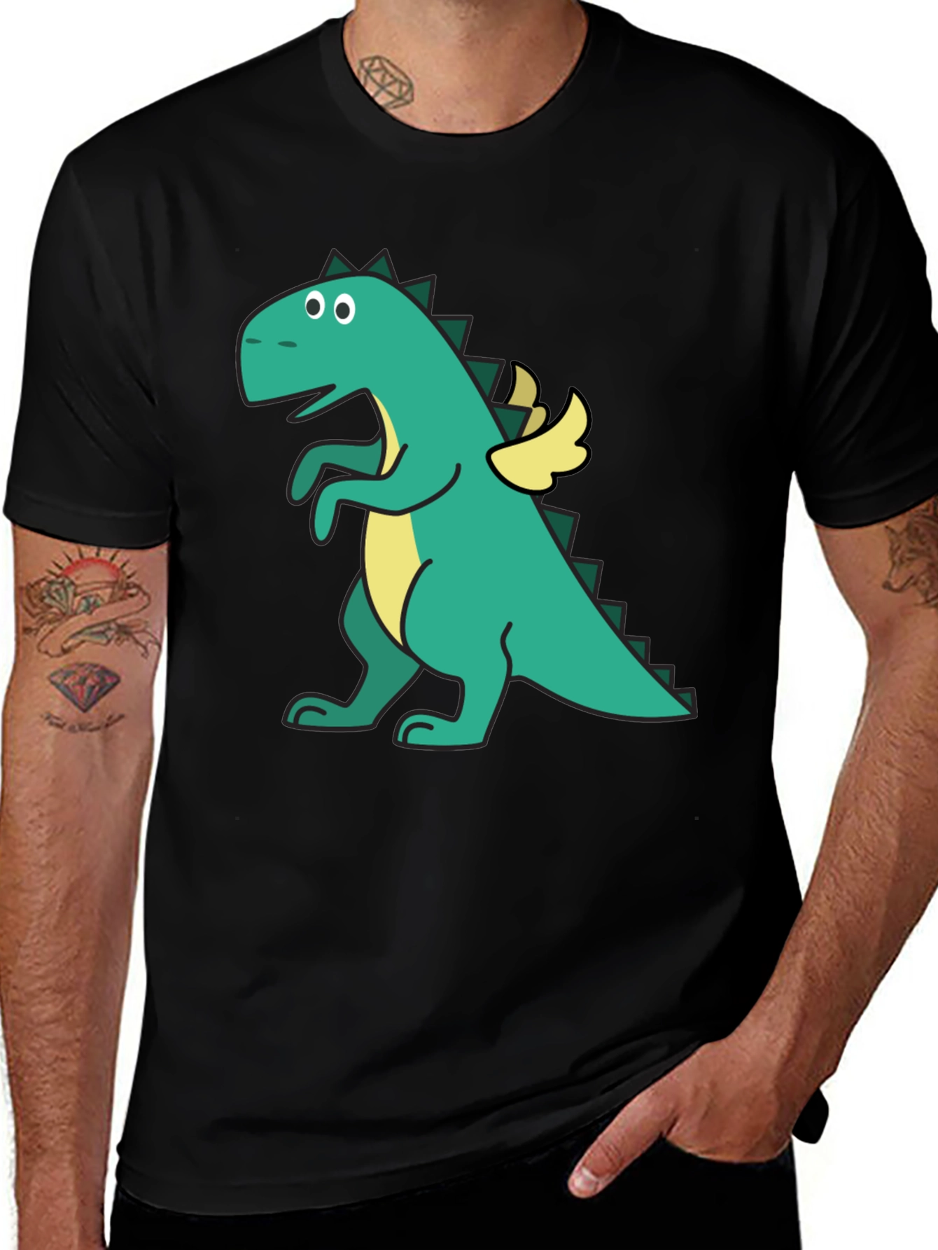 Dino with Wings Black T-Shirt - Fun Cartoon Design