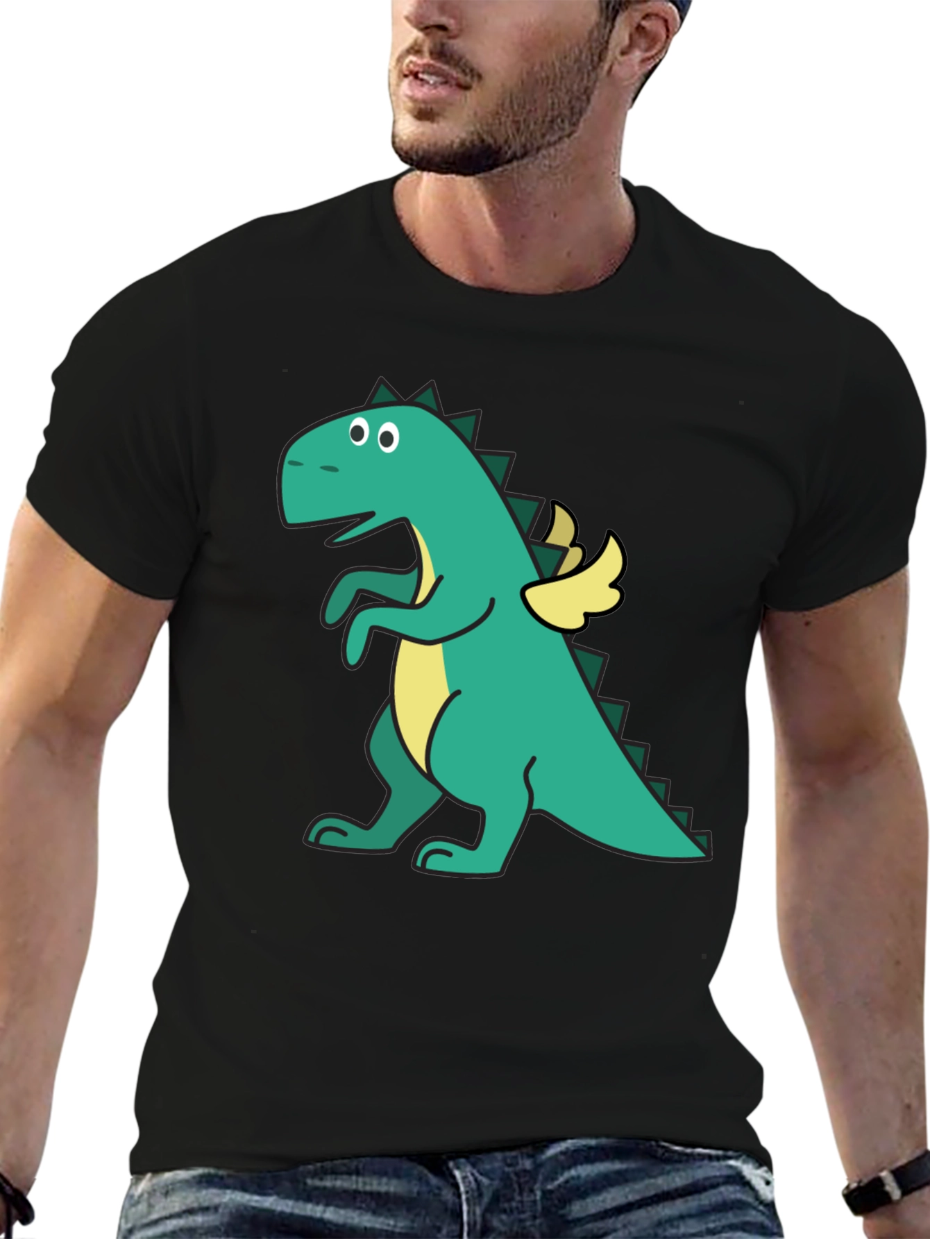 Dino with Wings Black T-Shirt - Fun Cartoon Design