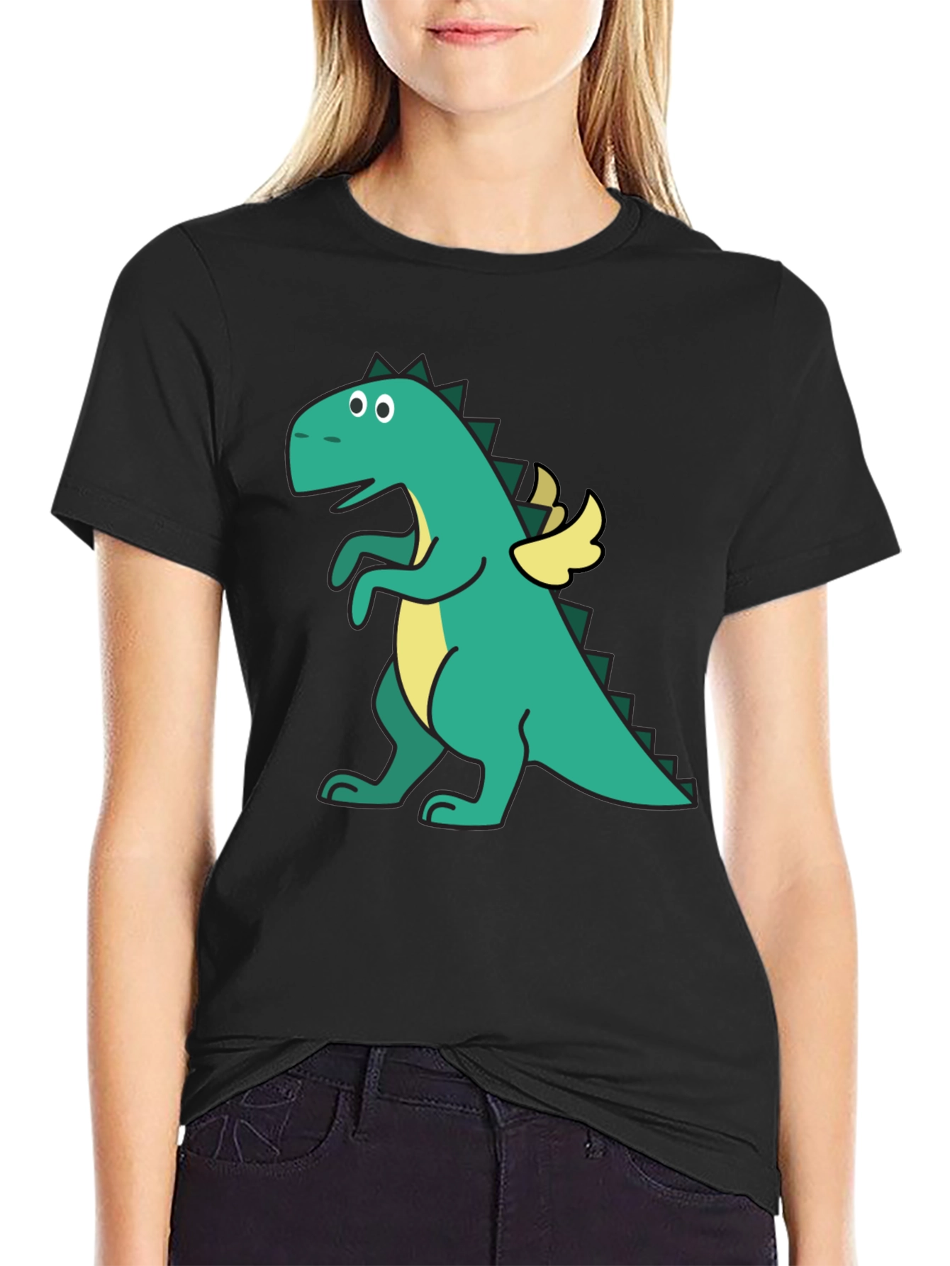 Dino with Wings Black T-Shirt - Fun Cartoon Design