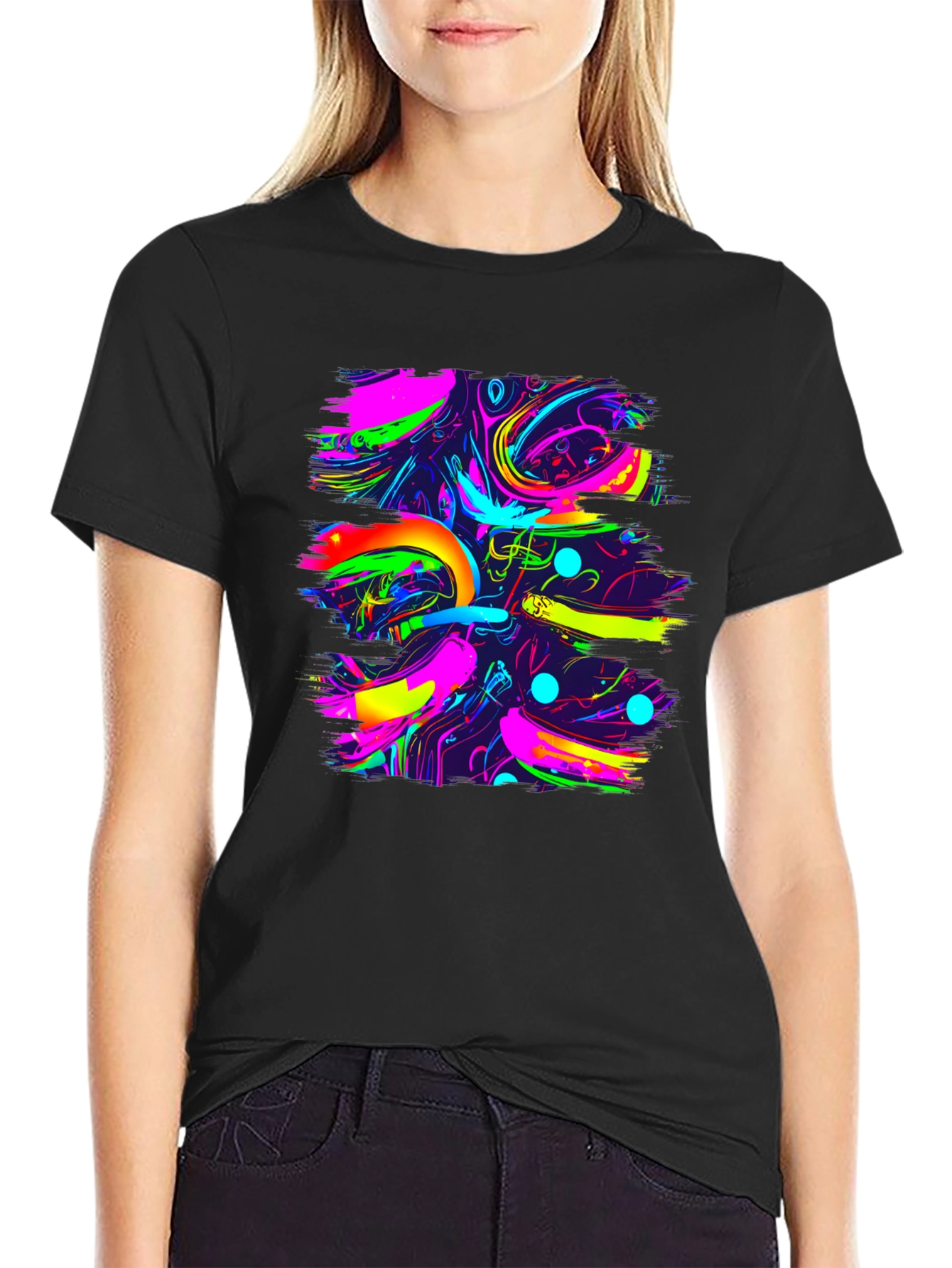 Vibrant Abstract Print Black Tee