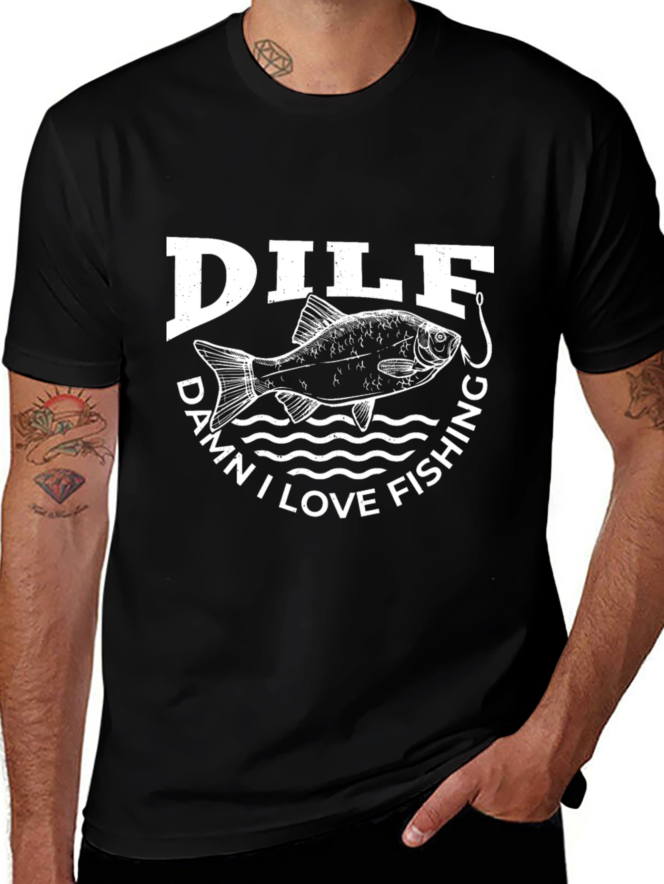 DILF Damn I Love Fishing Mens Black Graphic T-Shirt
