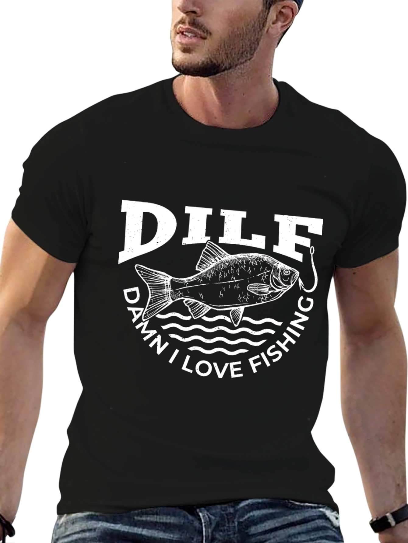 DILF Damn I Love Fishing Mens Black Graphic T-Shirt