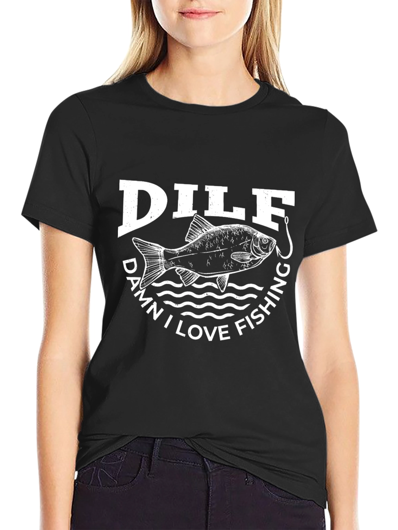 DILF Damn I Love Fishing Mens Black Graphic T-Shirt