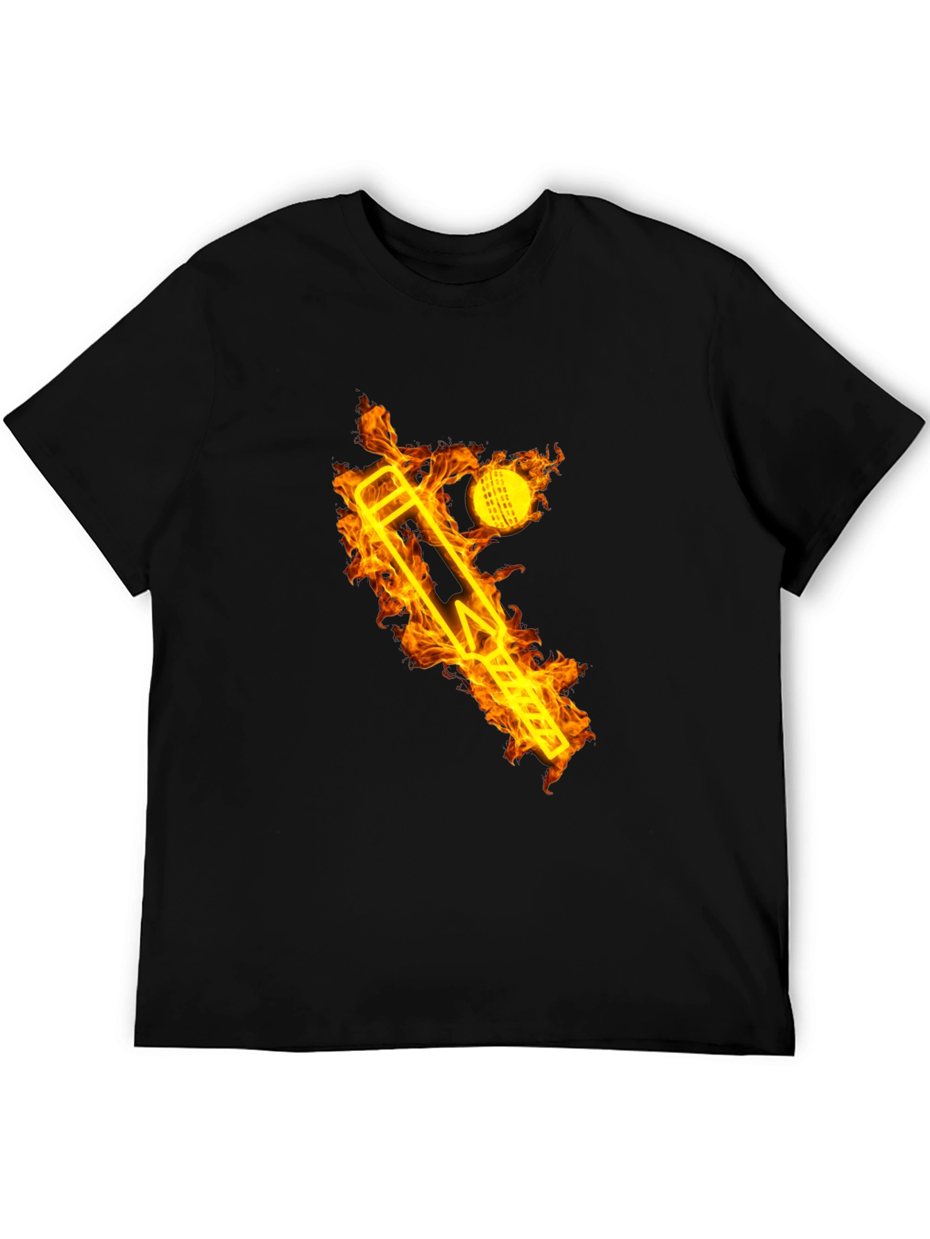 Fiery Cricket Tee - Flaming Bat & Ball Design